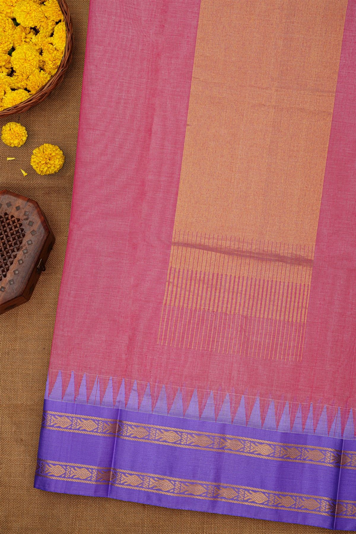 Khaadi Silk Pink Saree With Florals And Temples Border