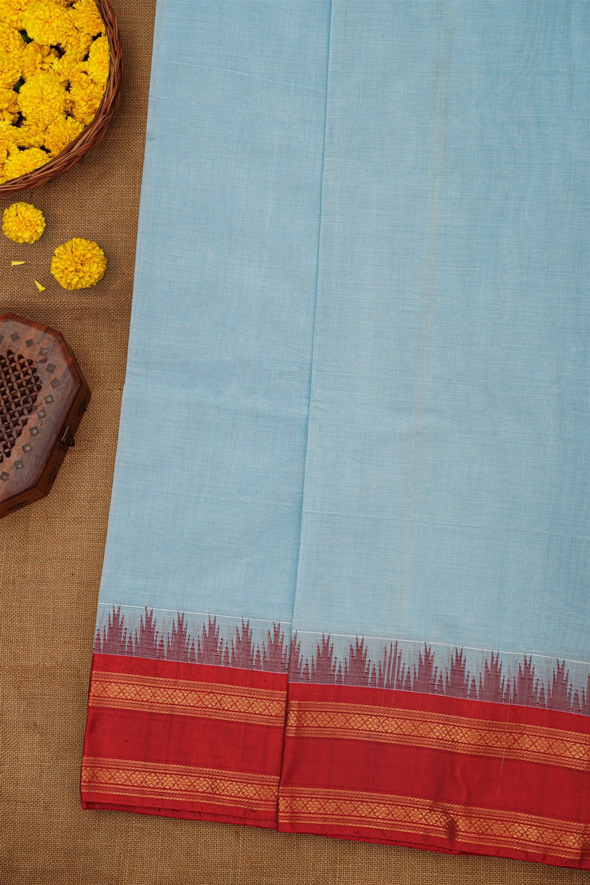 Khaadi Silk Sky Blue Saree With Florals And Temples Border