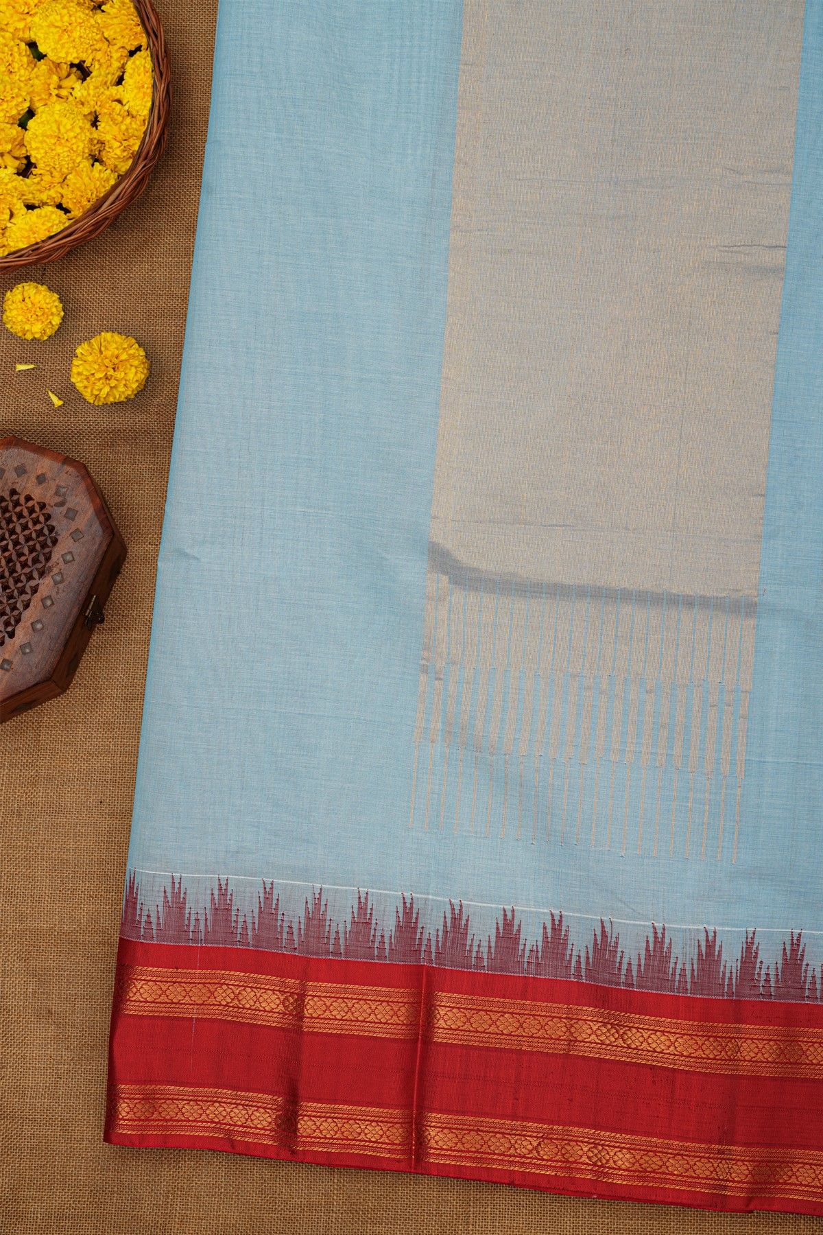 Khaadi Silk Sky Blue Saree With Florals And Temples Border