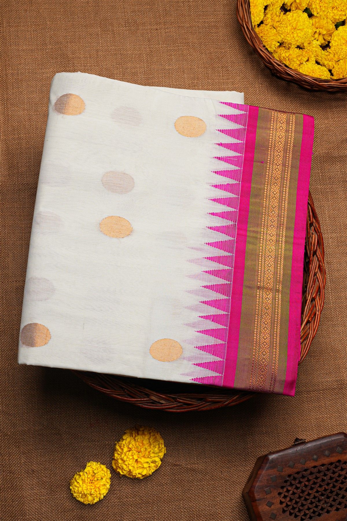 Khaadi Silk Off White Saree With Florals And Temples Border