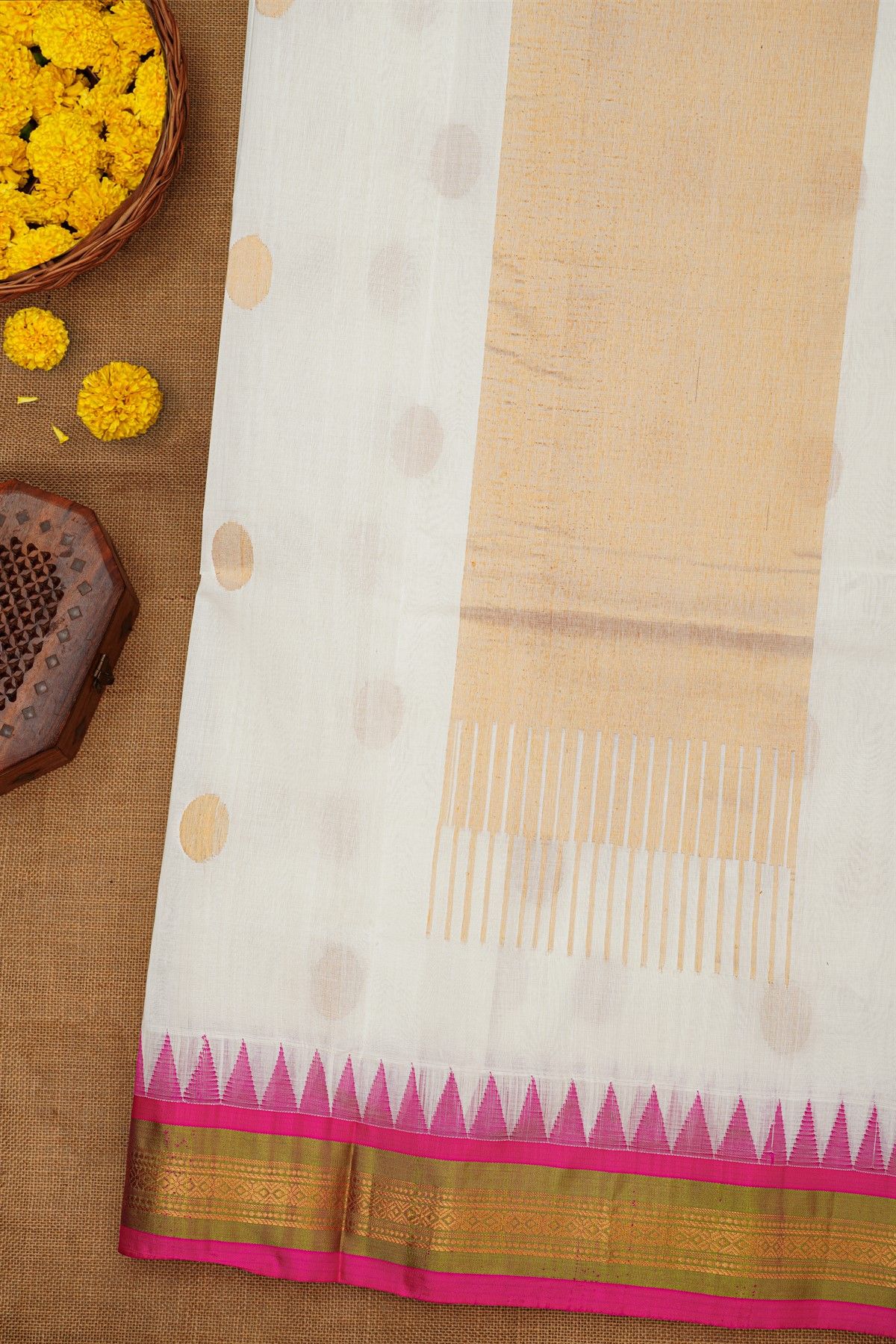 Khaadi Silk Off White Saree With Florals And Temples Border