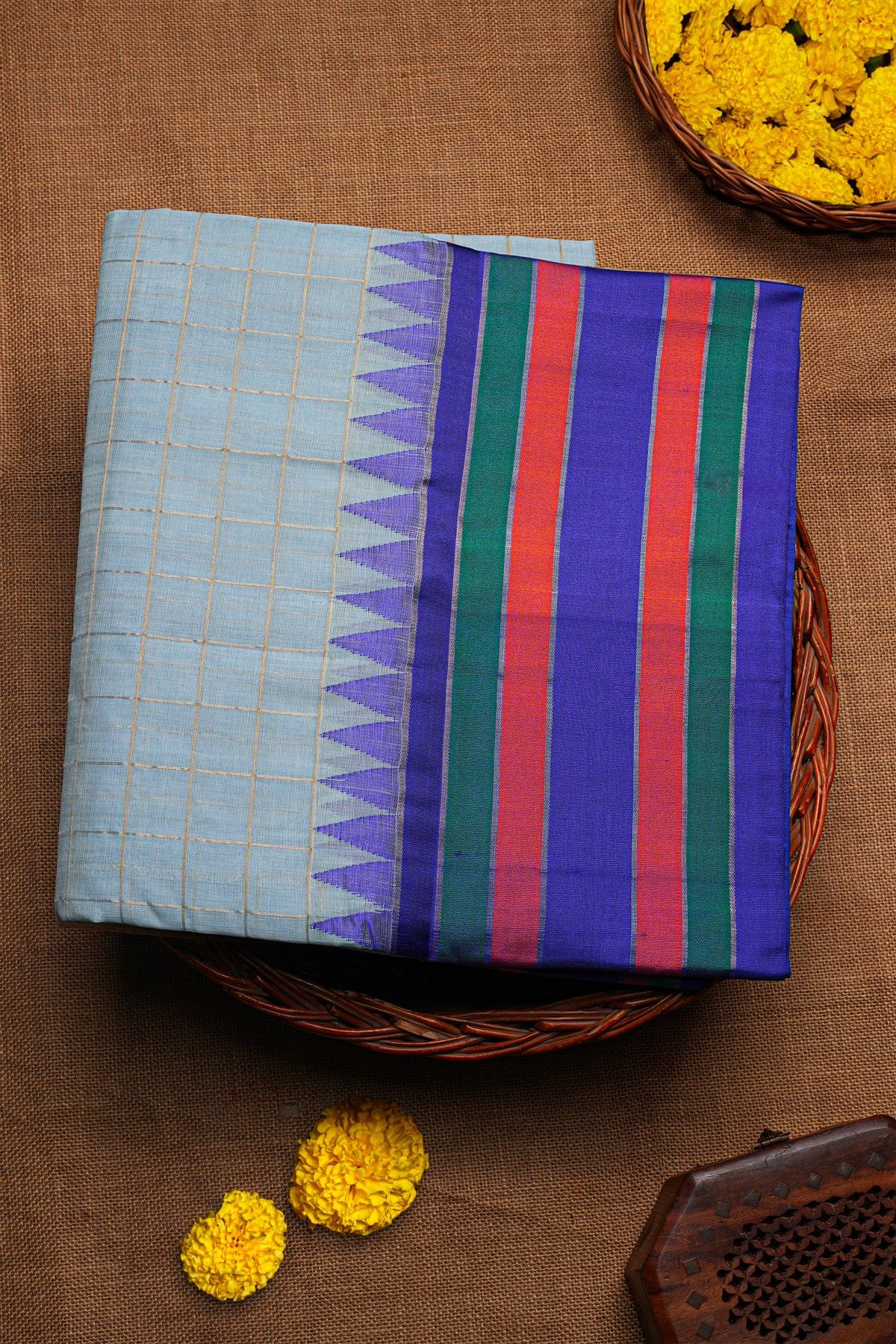 Khaadi Sky Blue Saree With Zari Checks Body