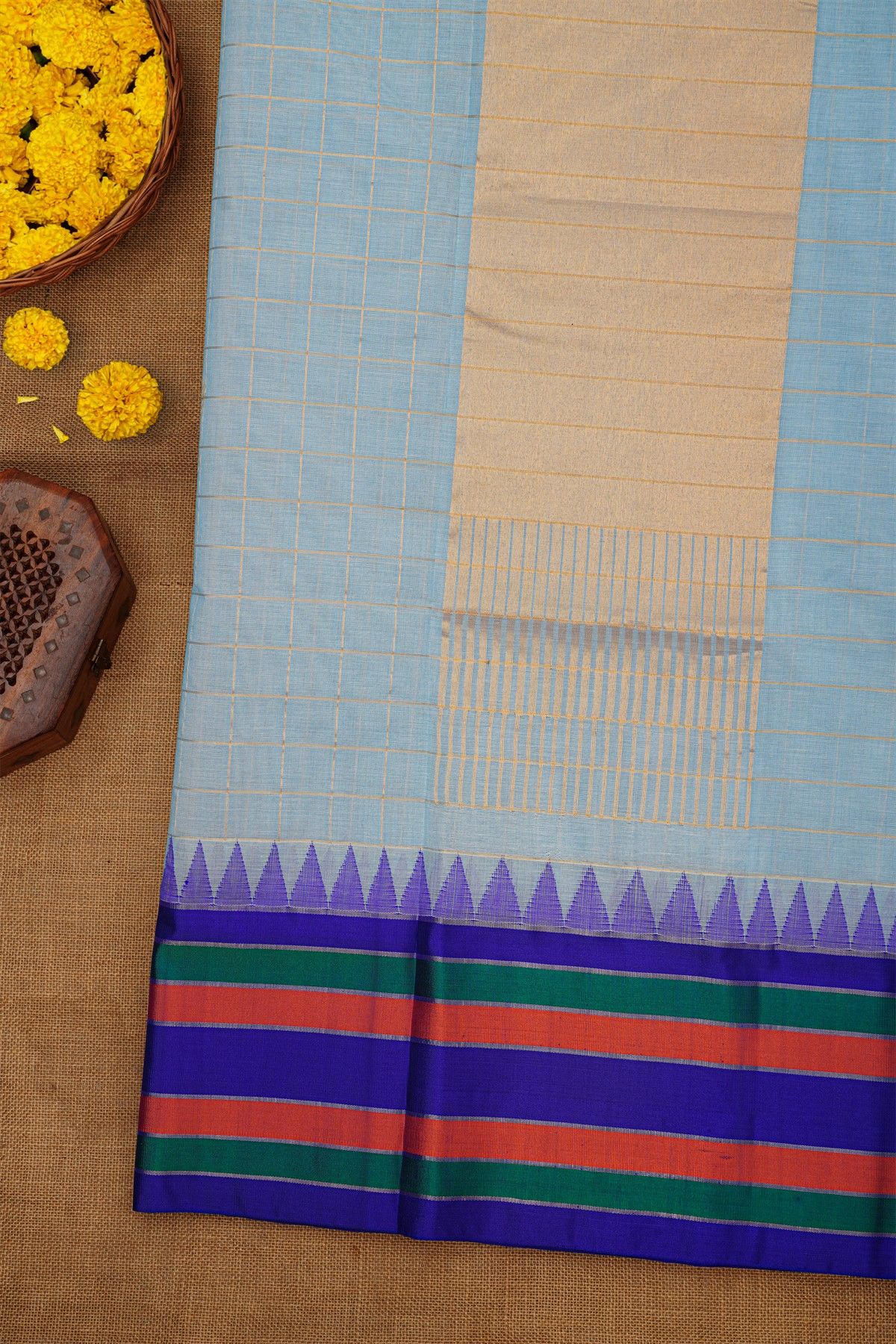 Khaadi Sky Blue Saree With Zari Checks Body