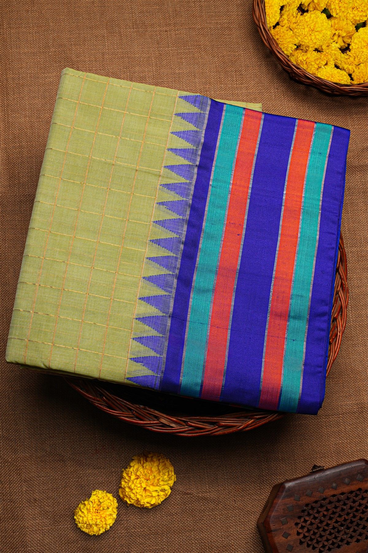 Khaadi Silk Light Green Saree With Multi Colour Lines Border