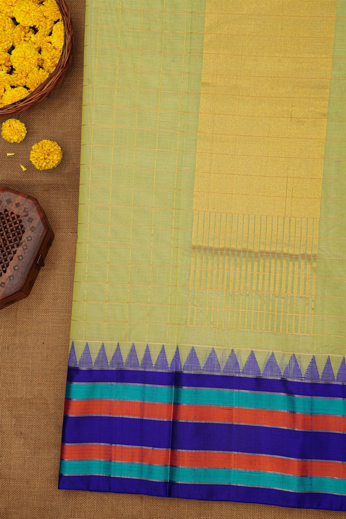 Khaadi Silk Light Green Saree With Multi Colour Lines Border