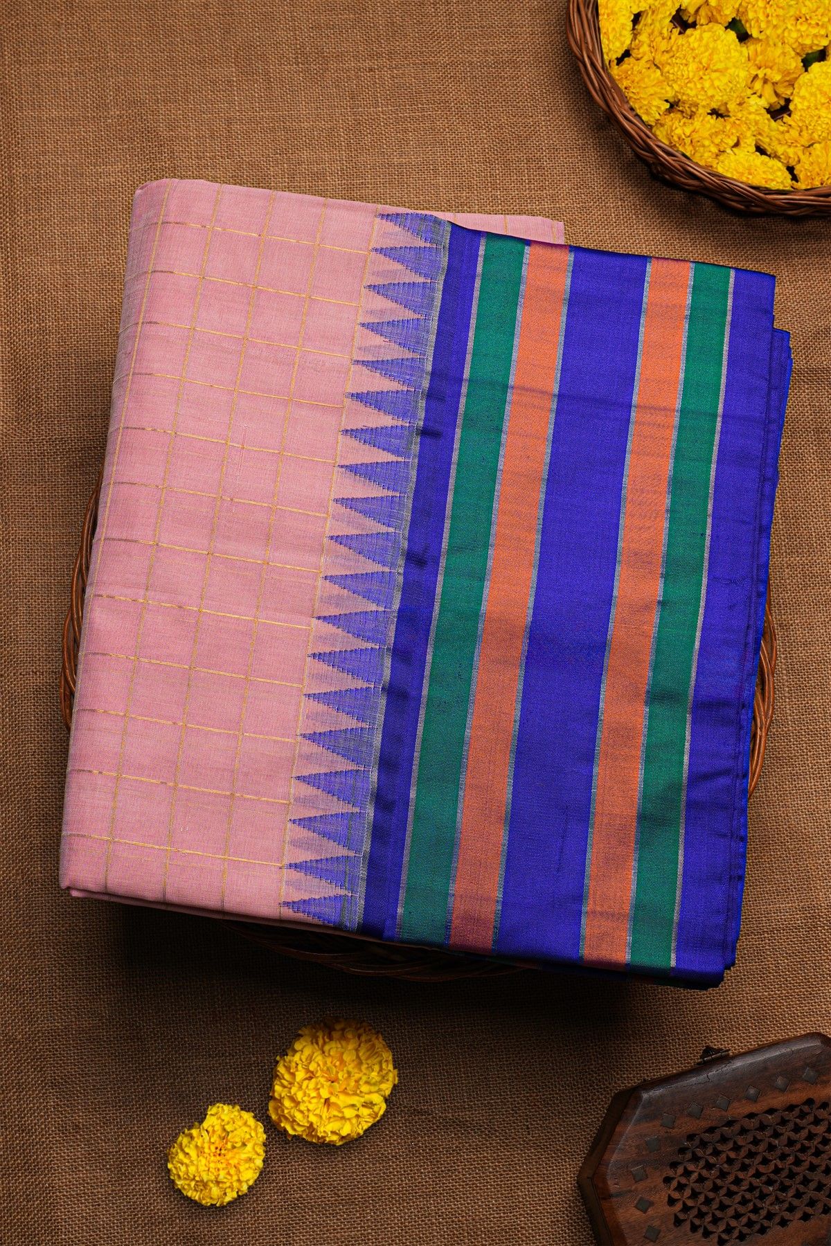 Khaadi Silk Pink Saree With Multi Colour Lines Border