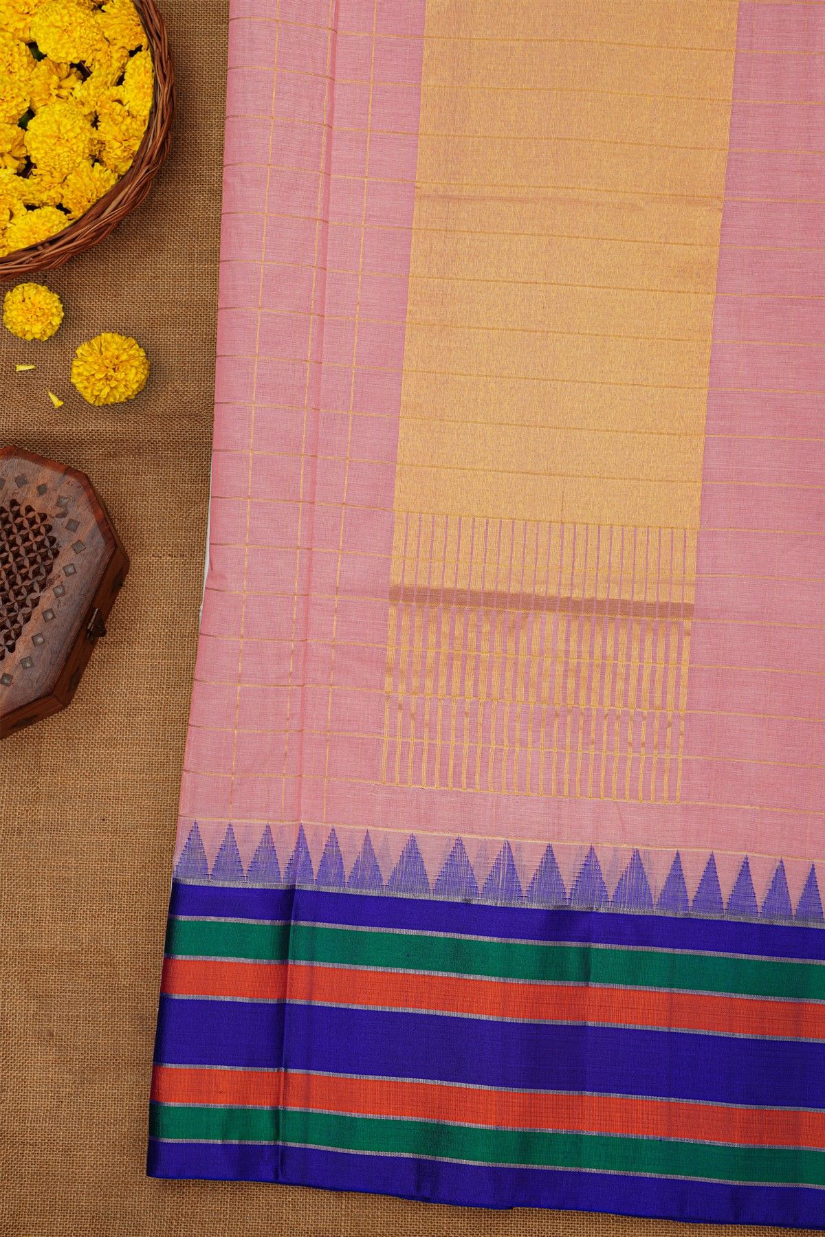 Khaadi Silk Pink Saree With Multi Colour Lines Border