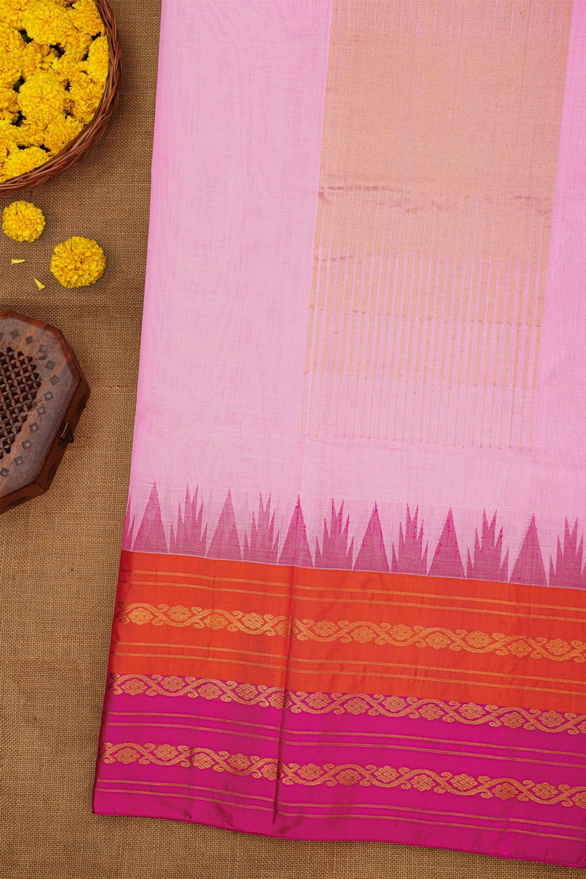 Khaadi Silk Pink Saree With Zari Lines And Floral Jaal Border