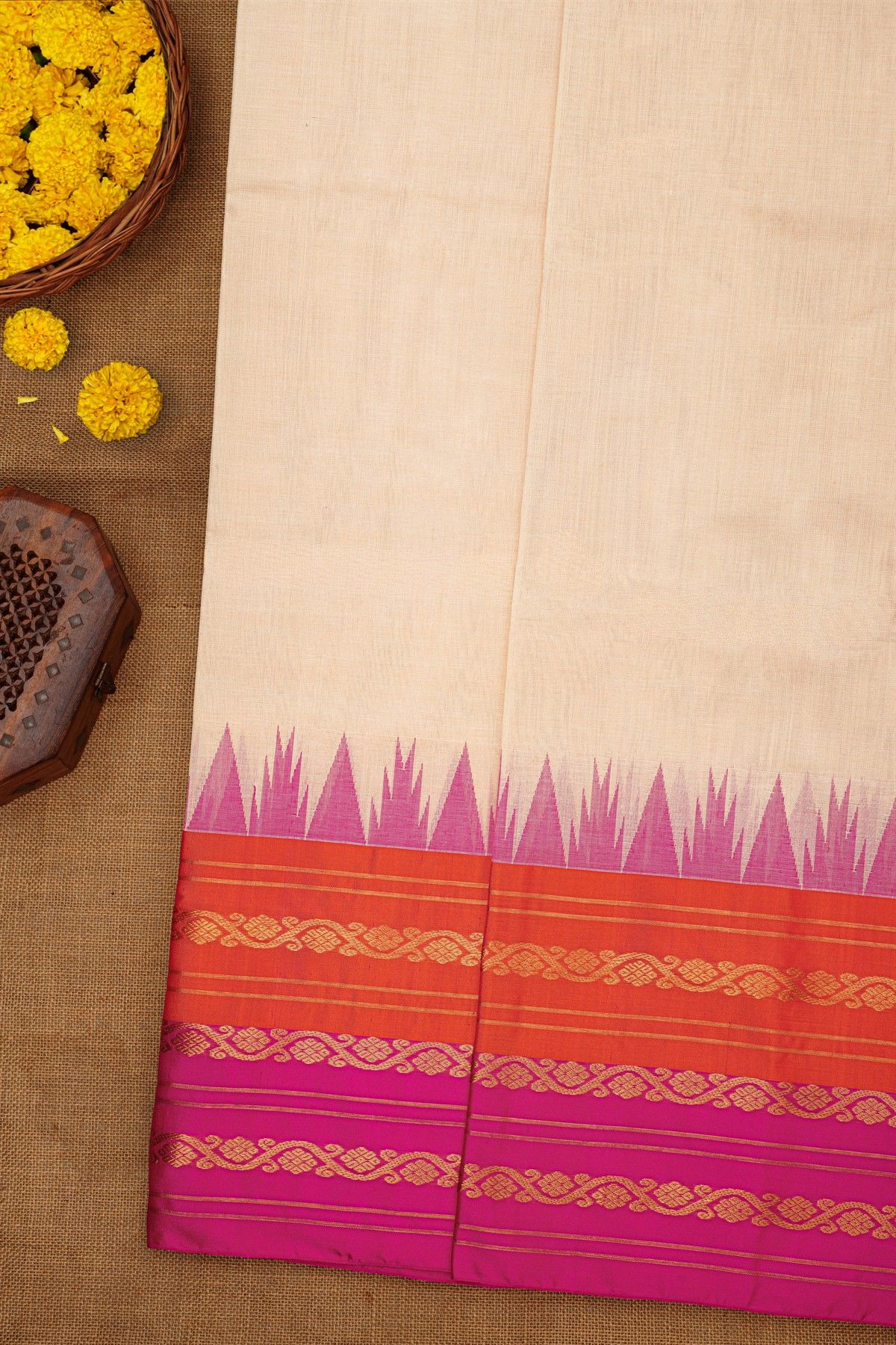 Khaadi Silk Cream Saree With Zari Lines And Floral Jaal Border