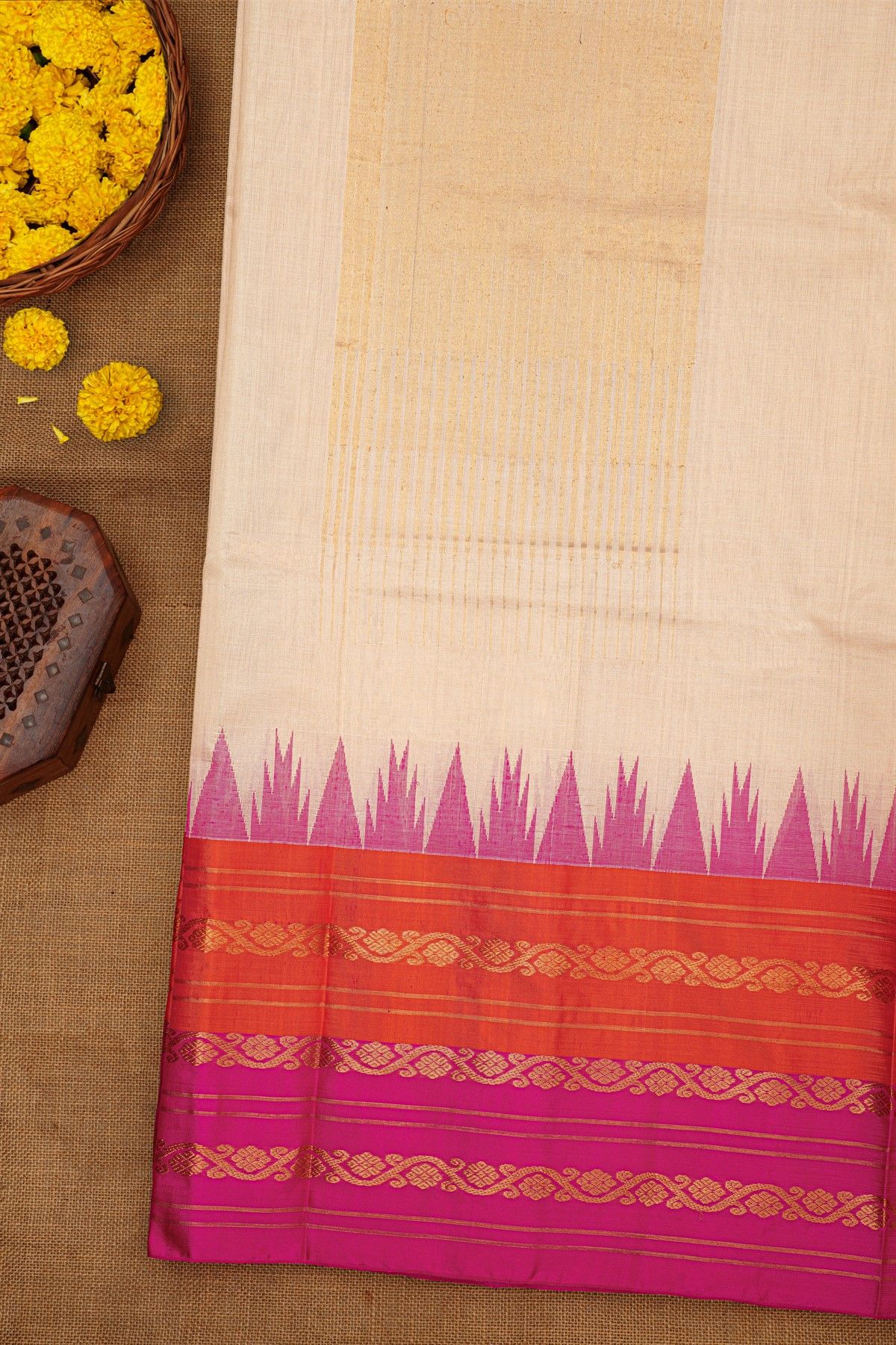 Khaadi Silk Cream Saree With Zari Lines And Floral Jaal Border