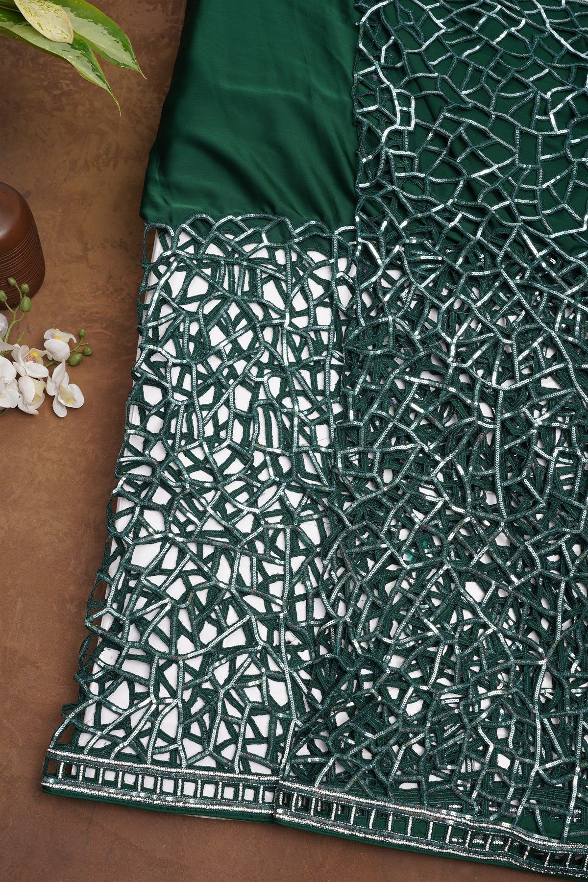 Fancy Crepe Bottle Green Saree