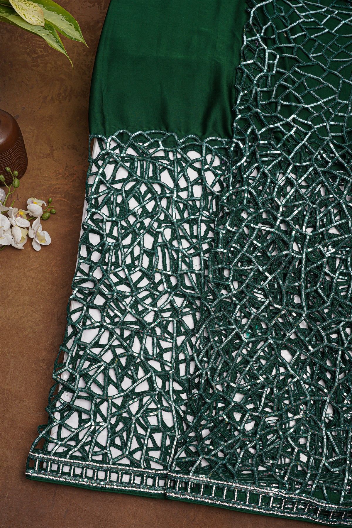 Fancy Crepe Bottle Green Saree