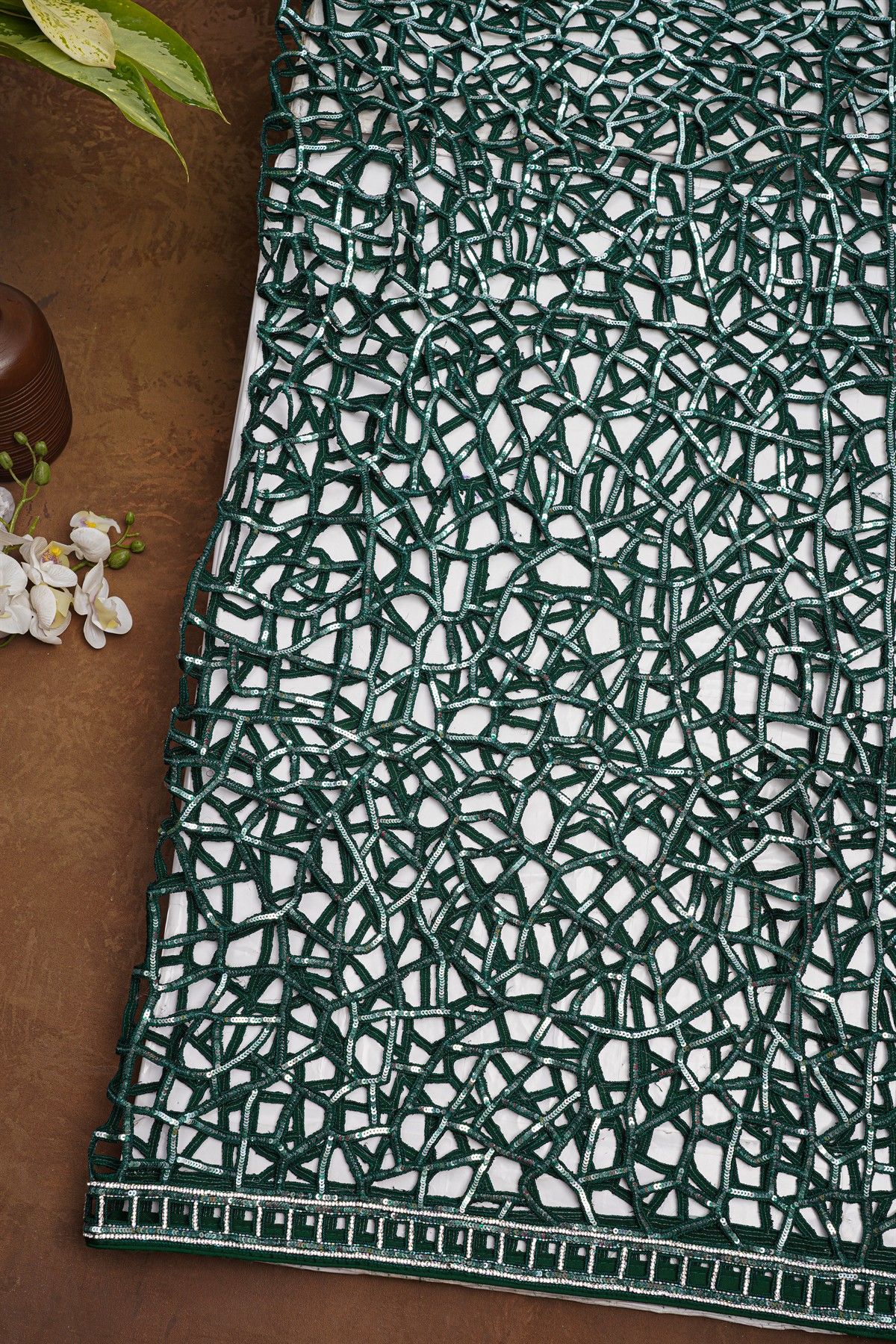 Fancy Crepe Bottle Green Saree