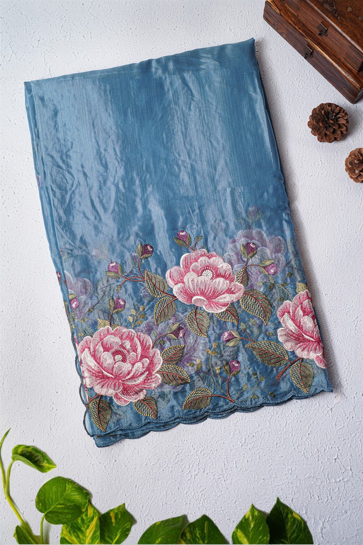 Fancy Kora Sea Blue Saree