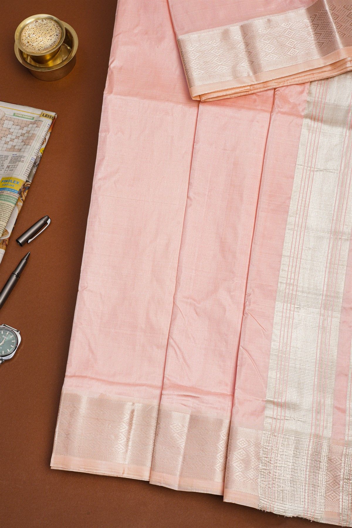 Kancheepuram Silk Baby Pink Dhoti And Shalya