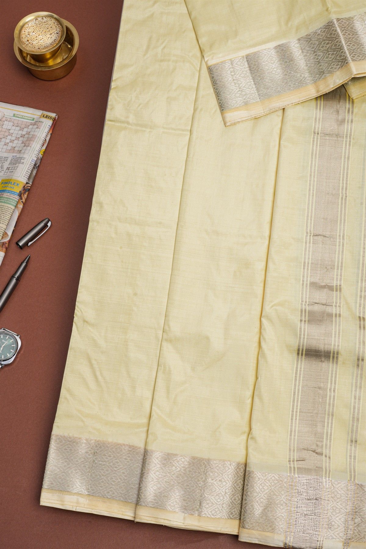 Kancheepuram Silk Cream Dhoti And Shalya