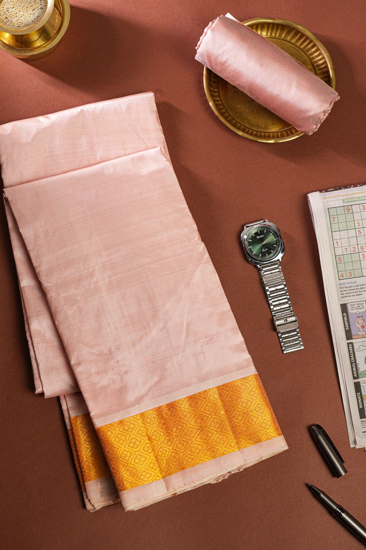 Kancheepuram Silk Baby Pink Dhoti And Shalya
