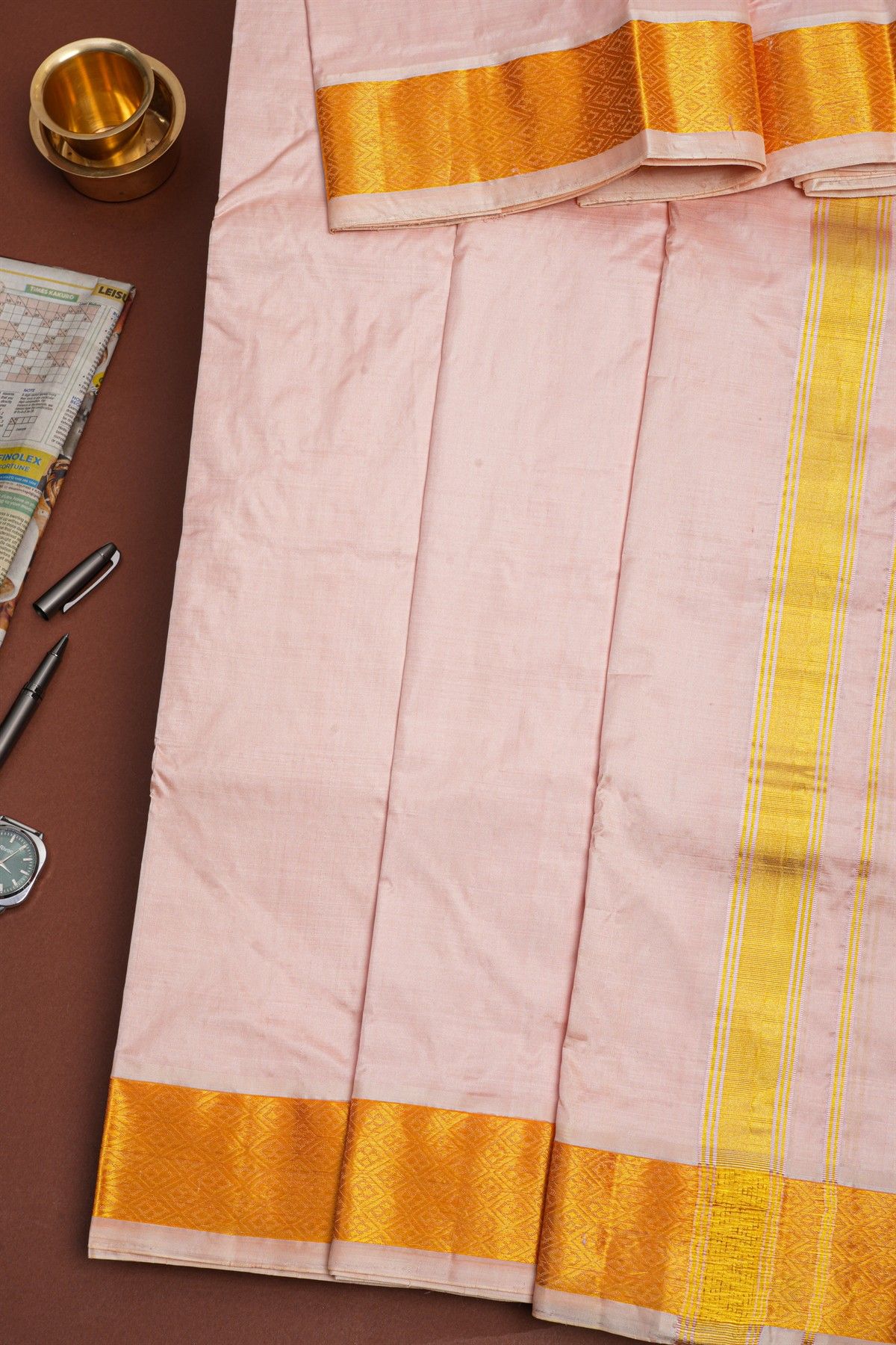 Kancheepuram Silk Baby Pink Dhoti And Shalya