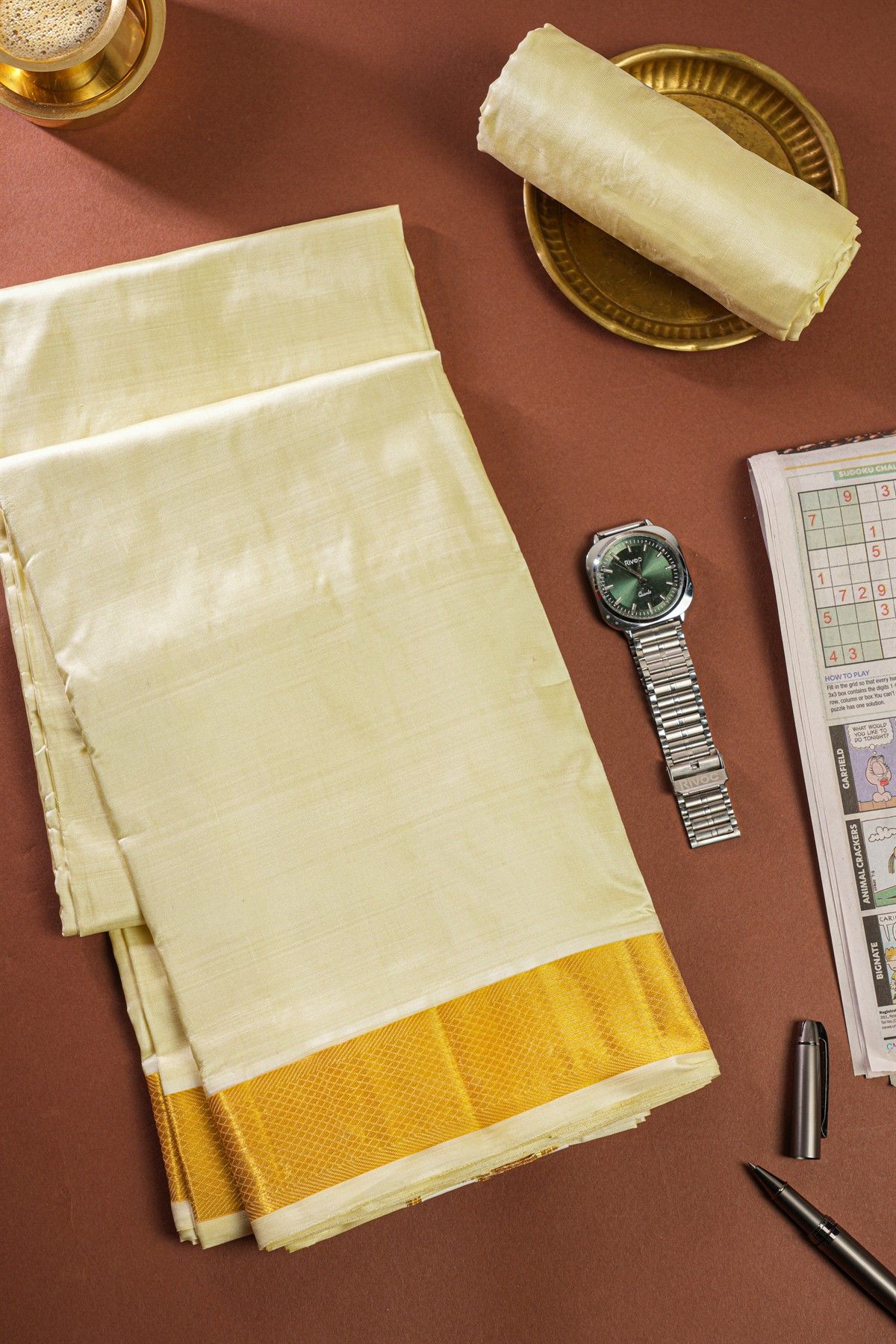 Kancheepuram Silk Cream Dhoti And Shalya