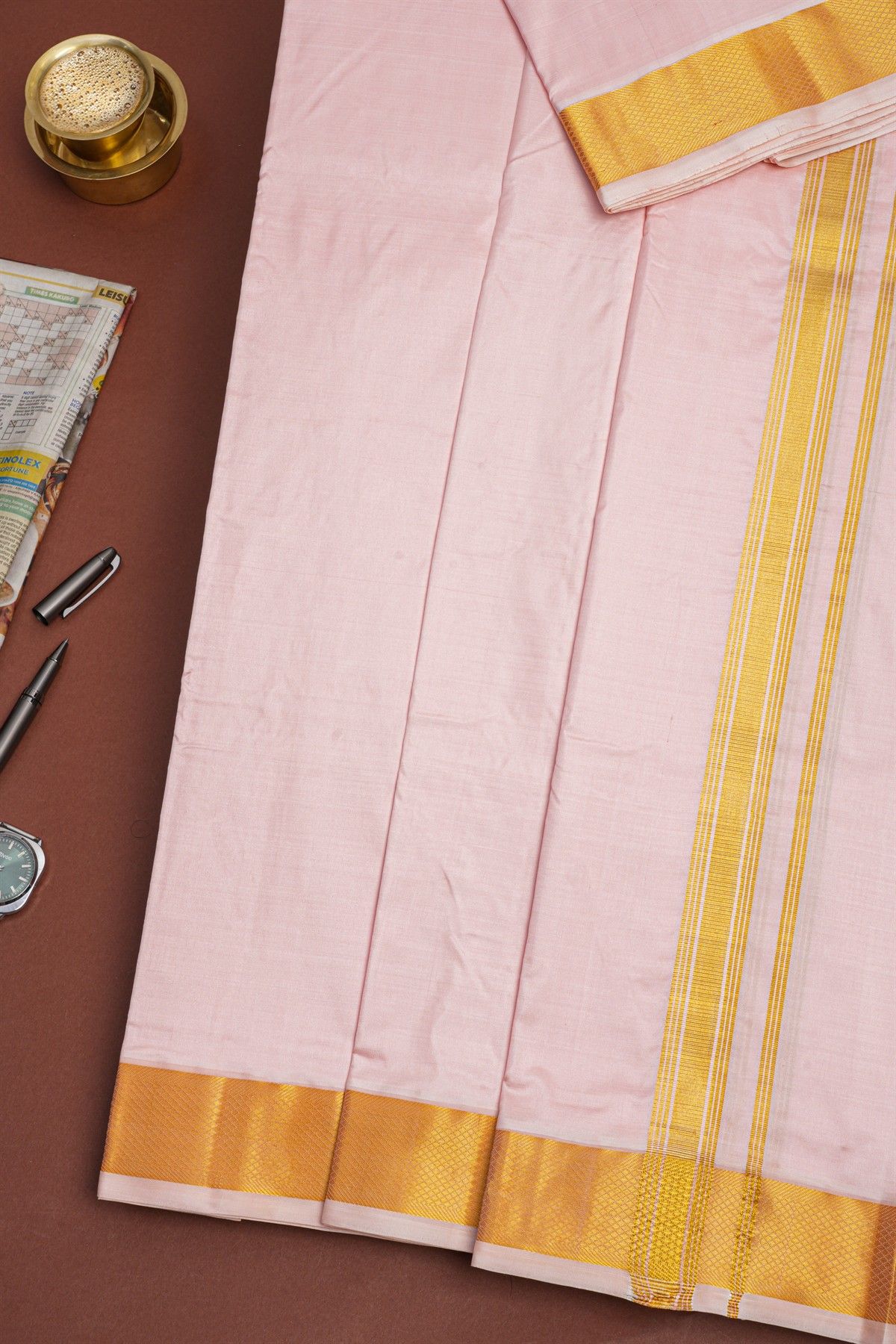 Kancheepuram Silk Baby Pink Dhoti And Shalya