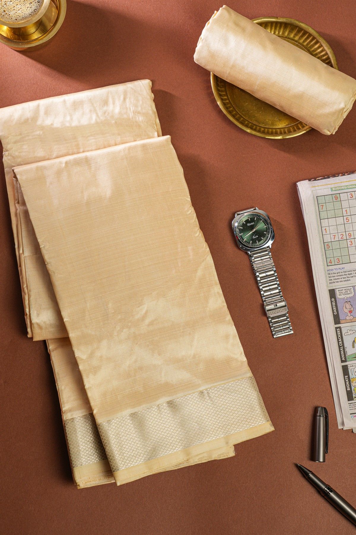 Kancheepuram Silk Cream Dhoti And Shalya