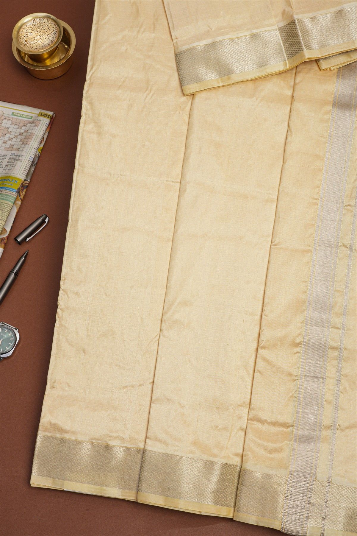 Kancheepuram Silk Cream Dhoti And Shalya