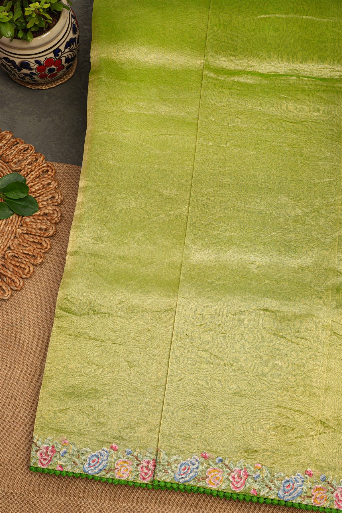 Fancy Tissue Parrot Green Saree
