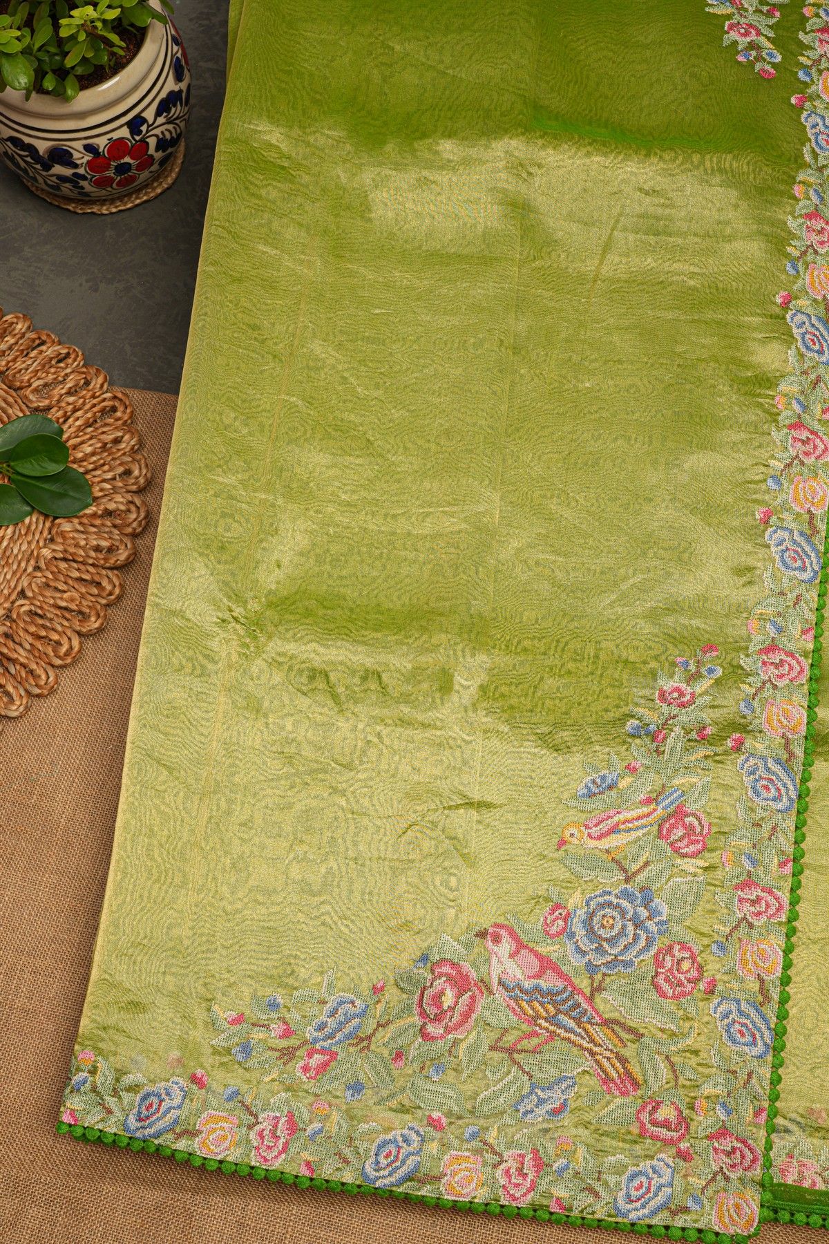 Fancy Tissue Parrot Green Saree