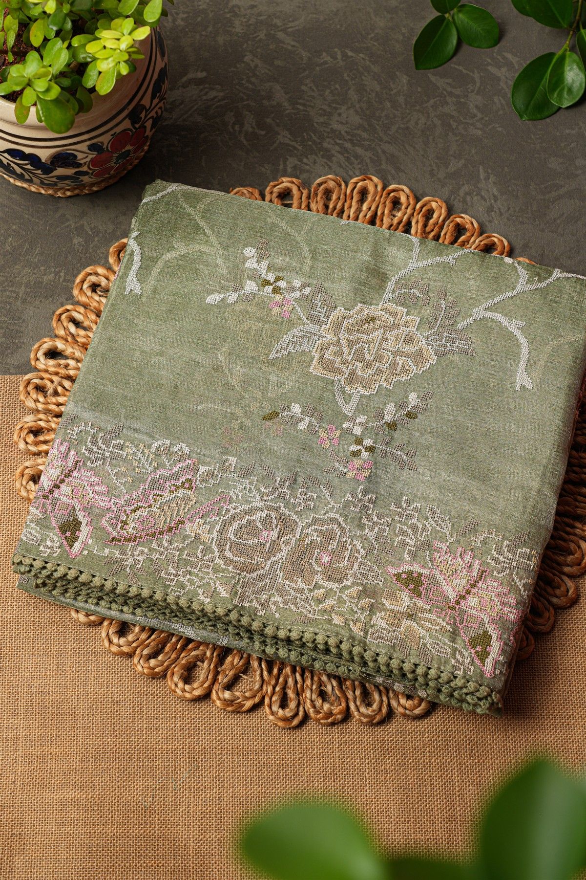 Fancy Tissue Sage Green Saree