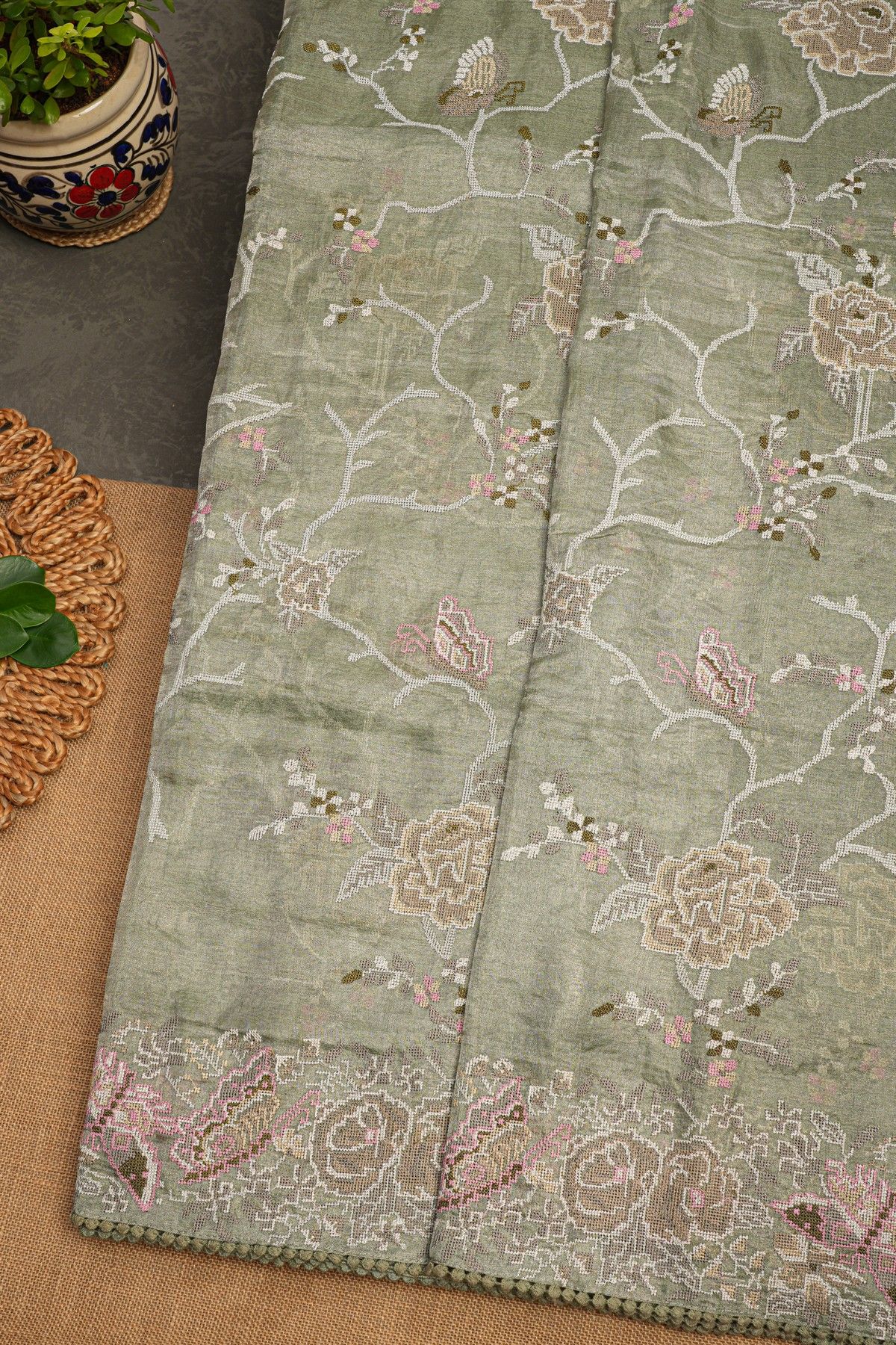 Fancy Tissue Sage Green Saree