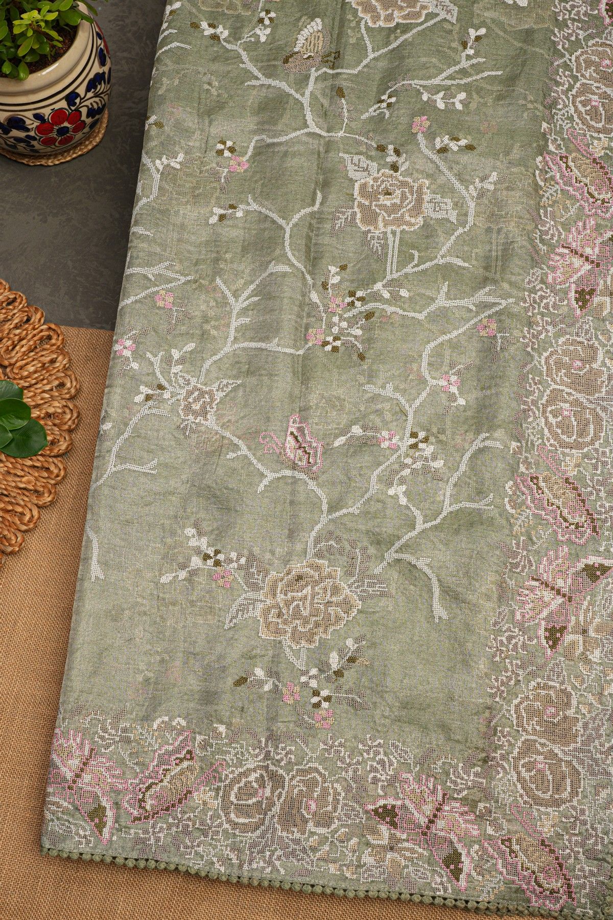 Fancy Tissue Sage Green Saree