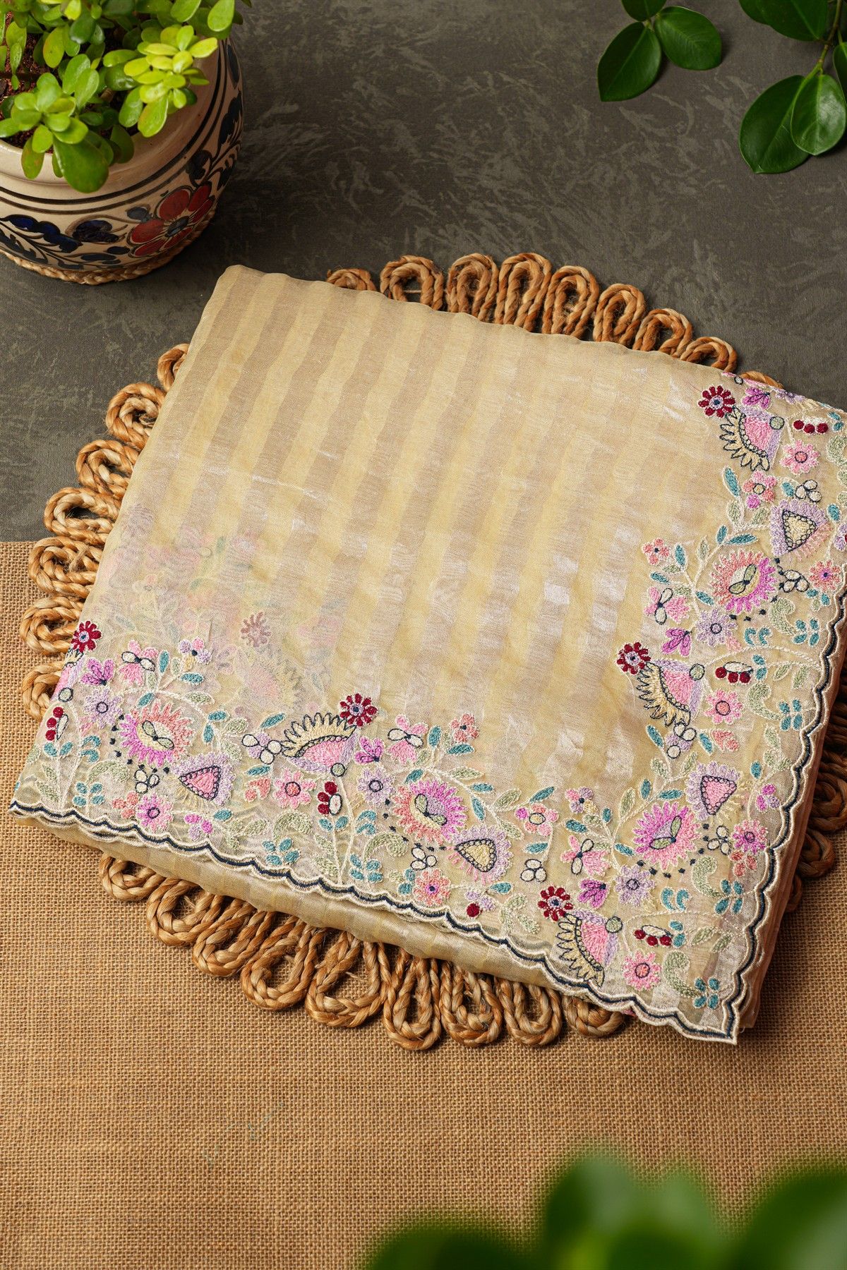 Fancy Tissue Cream Saree