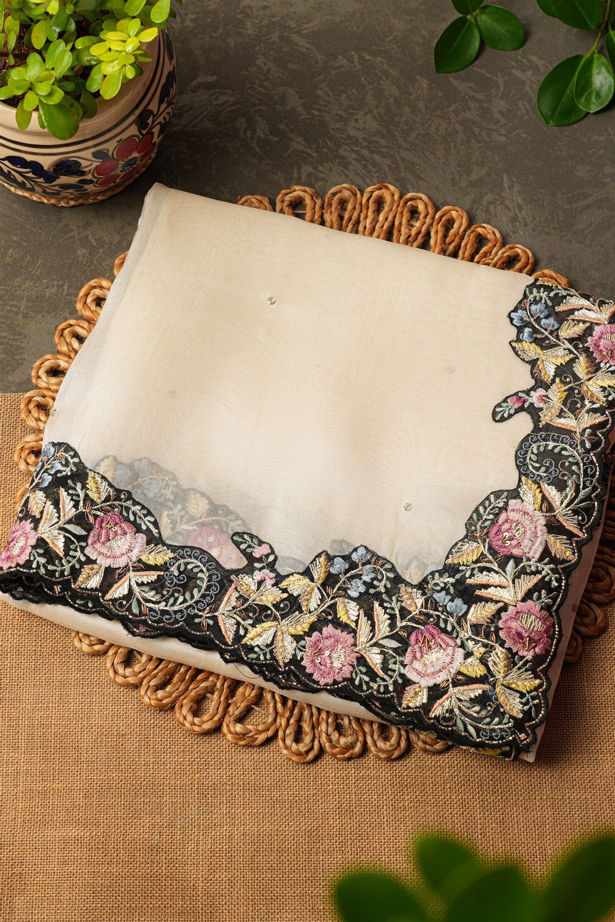 Fancy Tissue Cream Saree