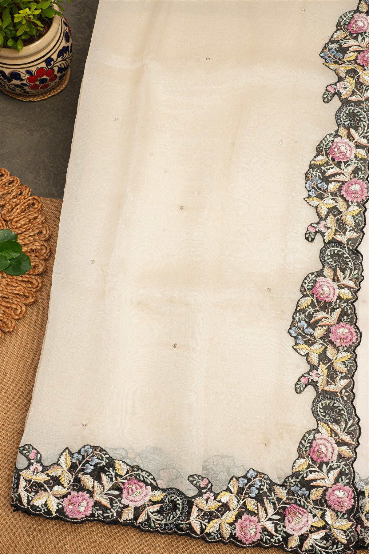 Fancy Tissue Cream Saree