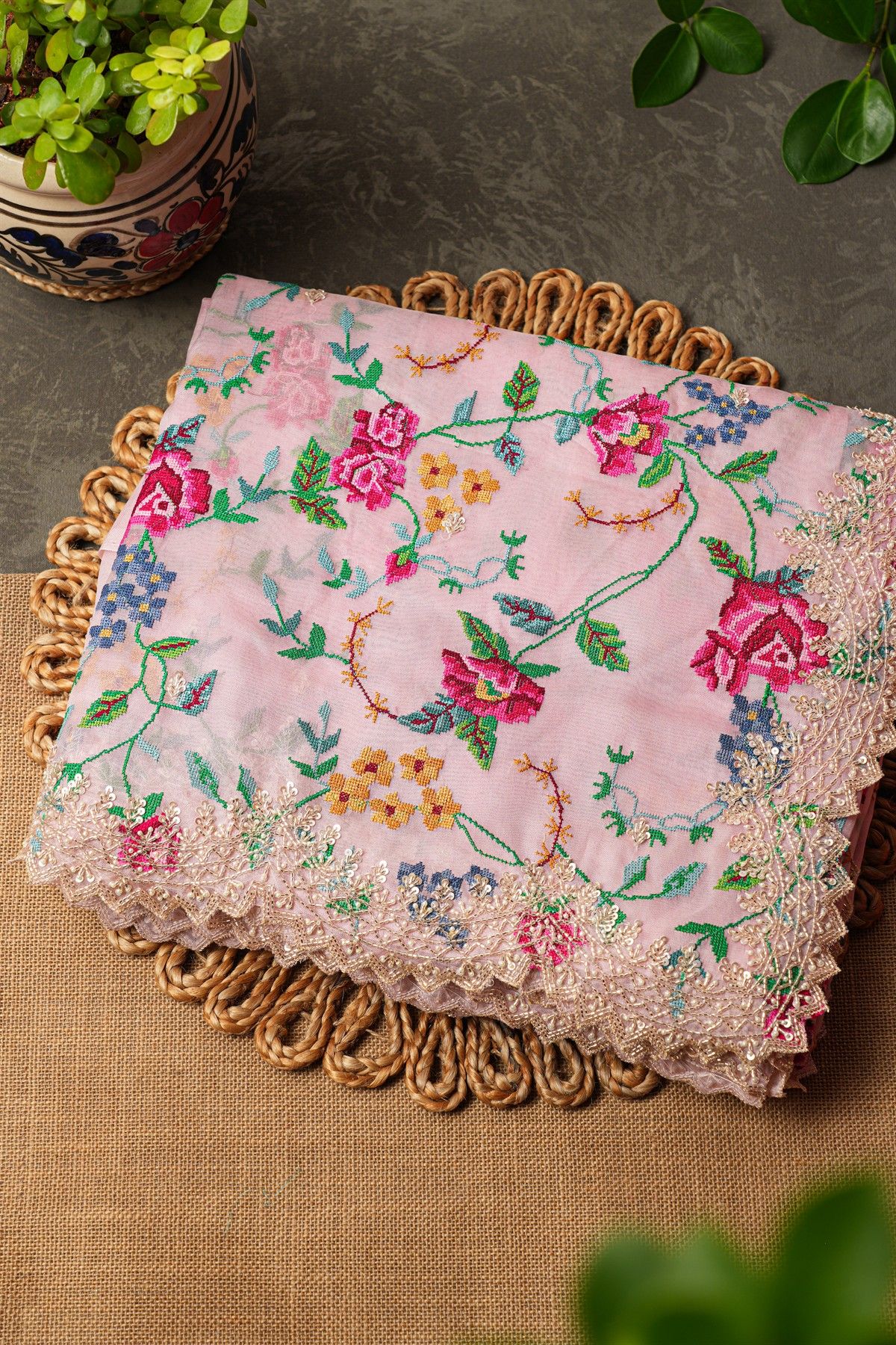 Fancy Tissue Baby Pink Saree