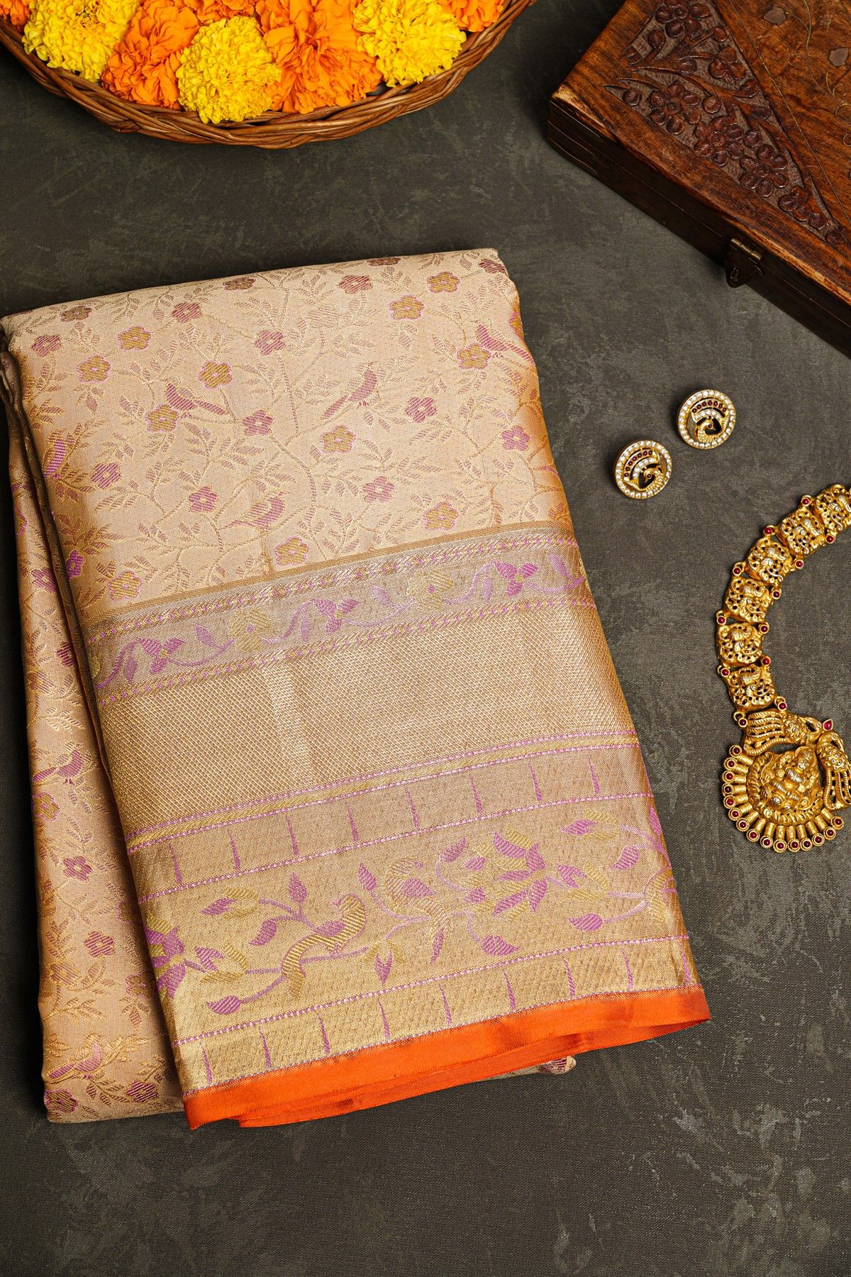 Kancheepuram Silk Meenakari Peach Saree