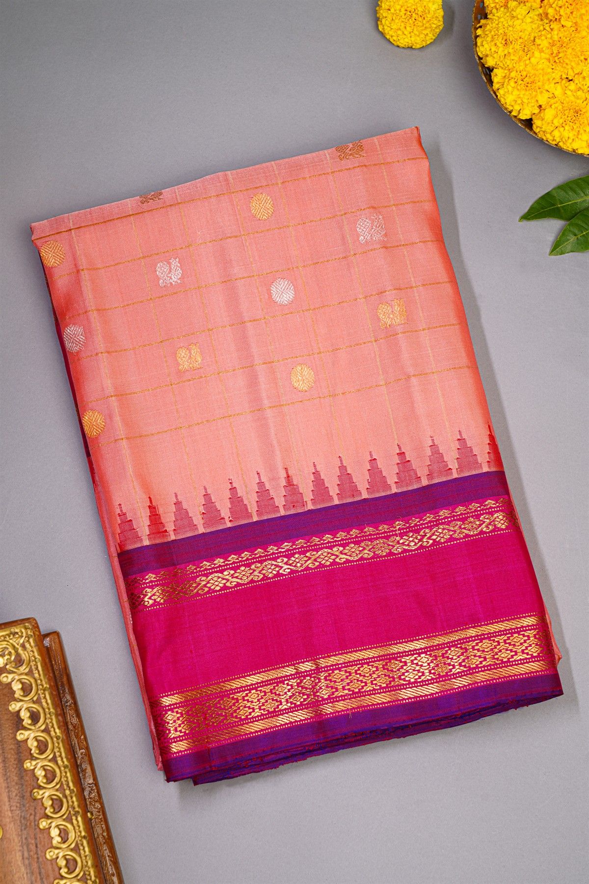 Gadwal Silk Peach Saree