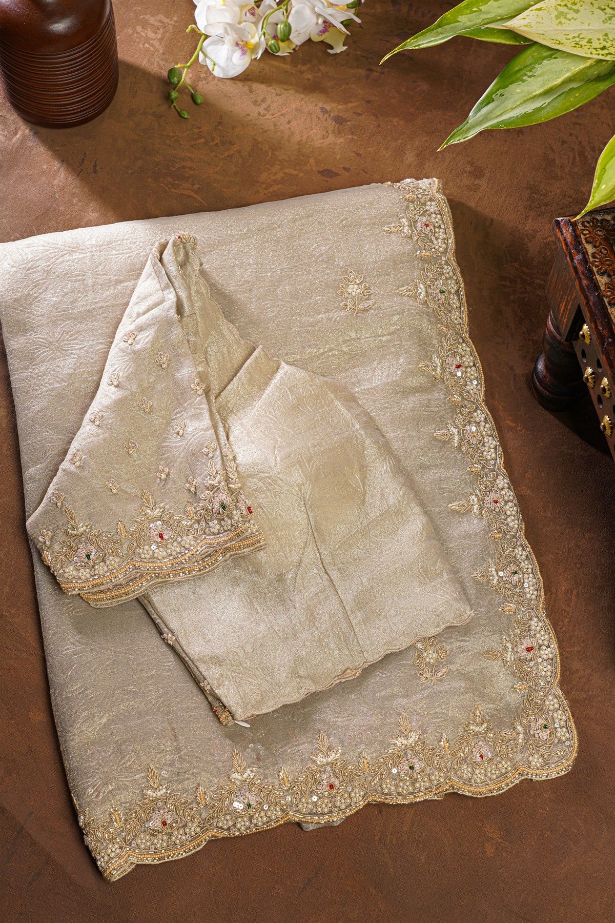 Fancy Crepe Cream Saree