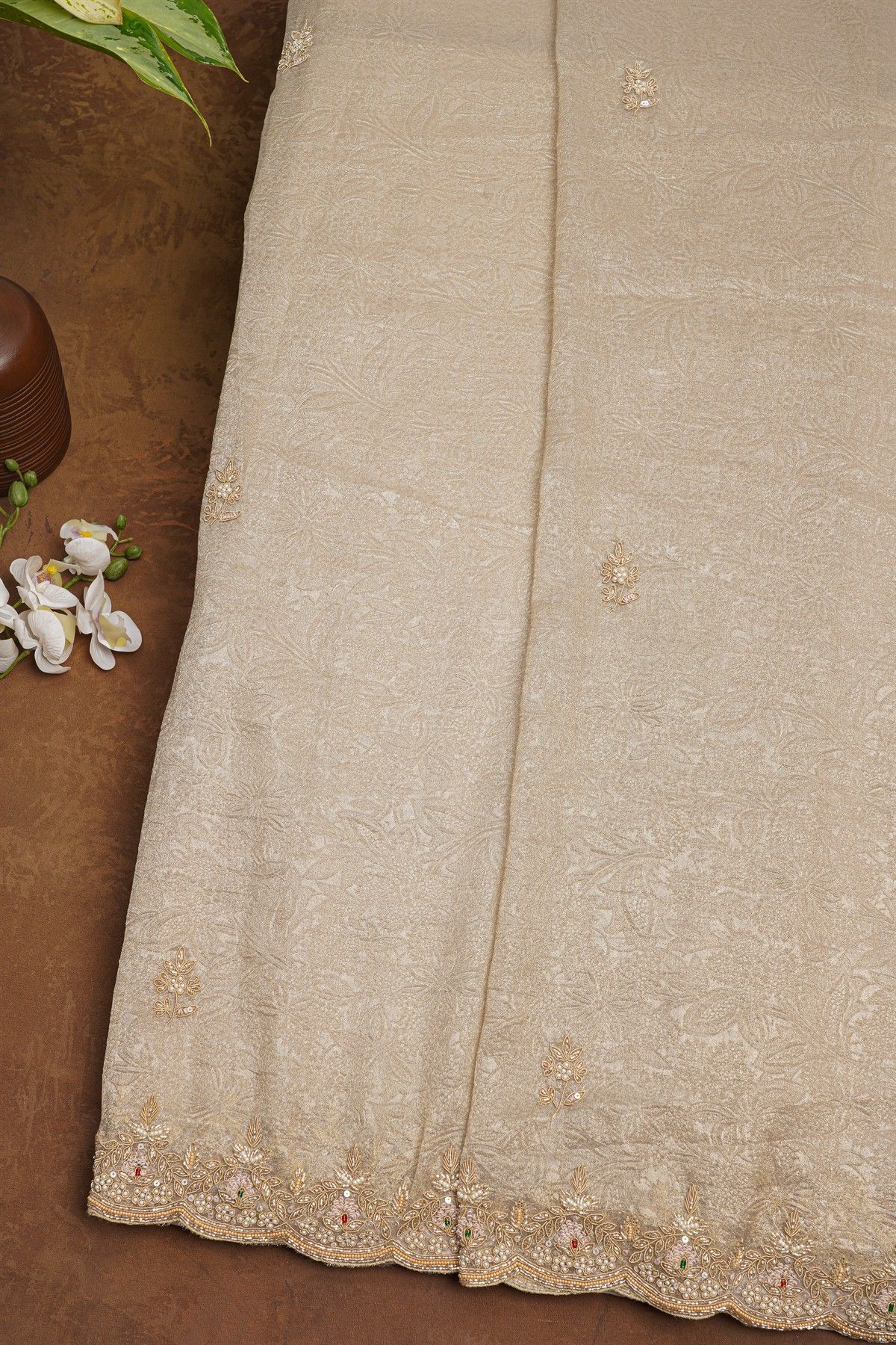 Fancy Crepe Cream Saree