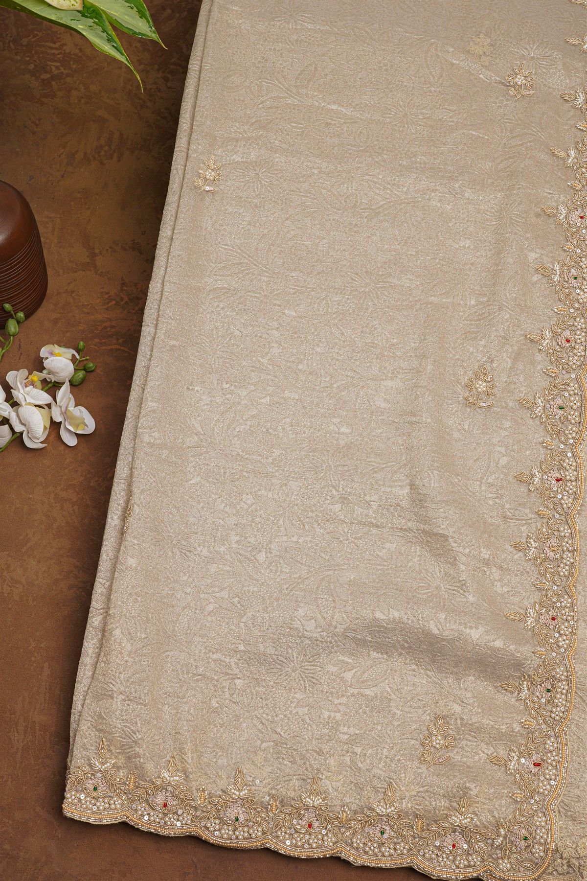 Fancy Crepe Cream Saree