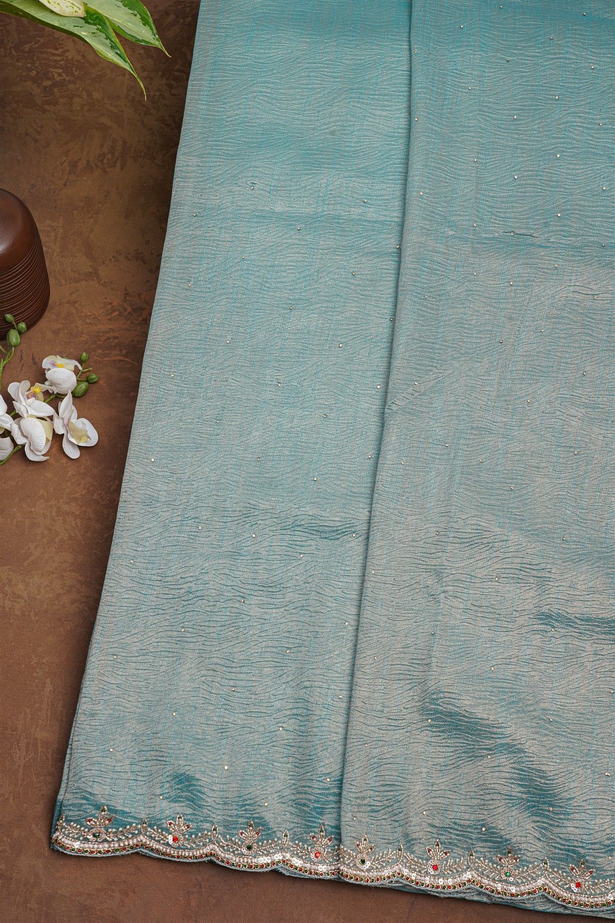 Fancy Tissue Crush Sky Blue Saree