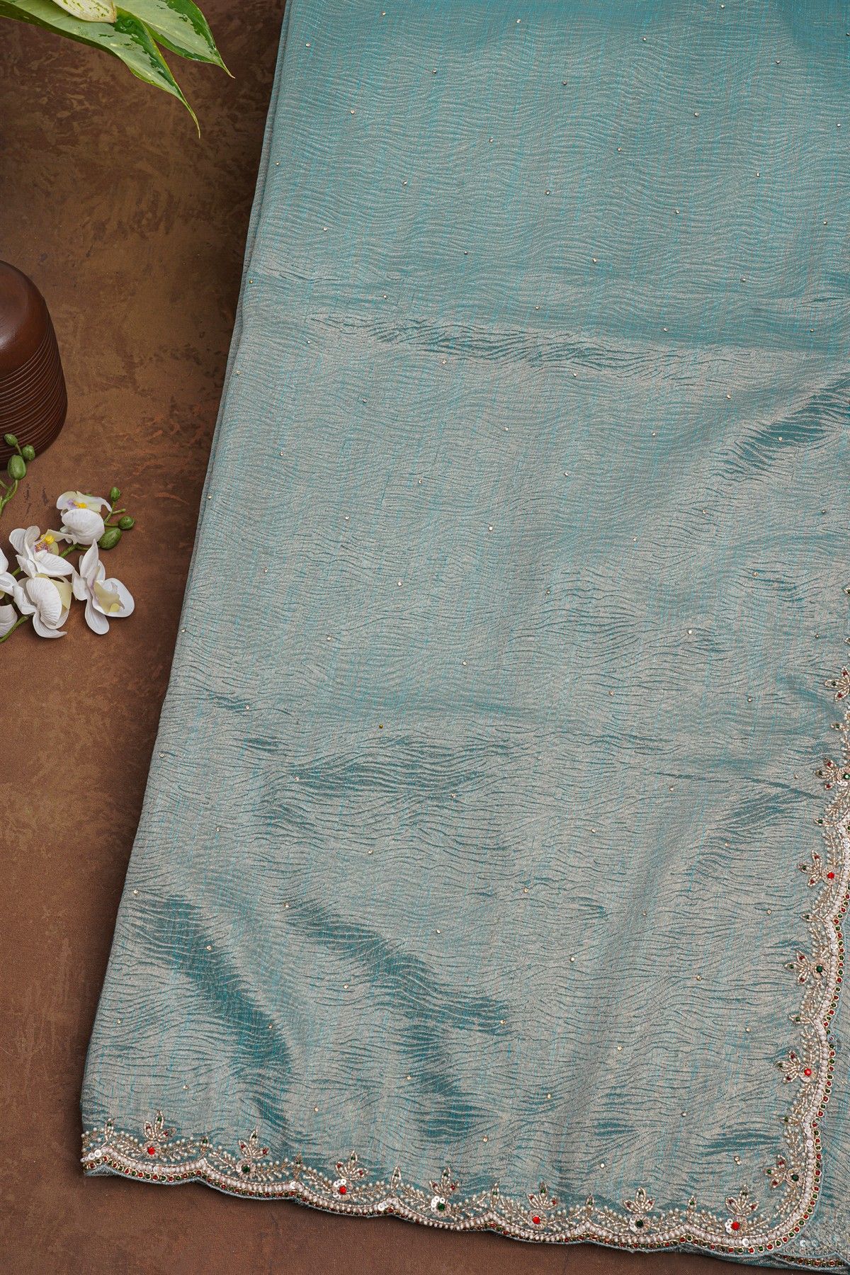 Fancy Tissue Crush Sky Blue Saree