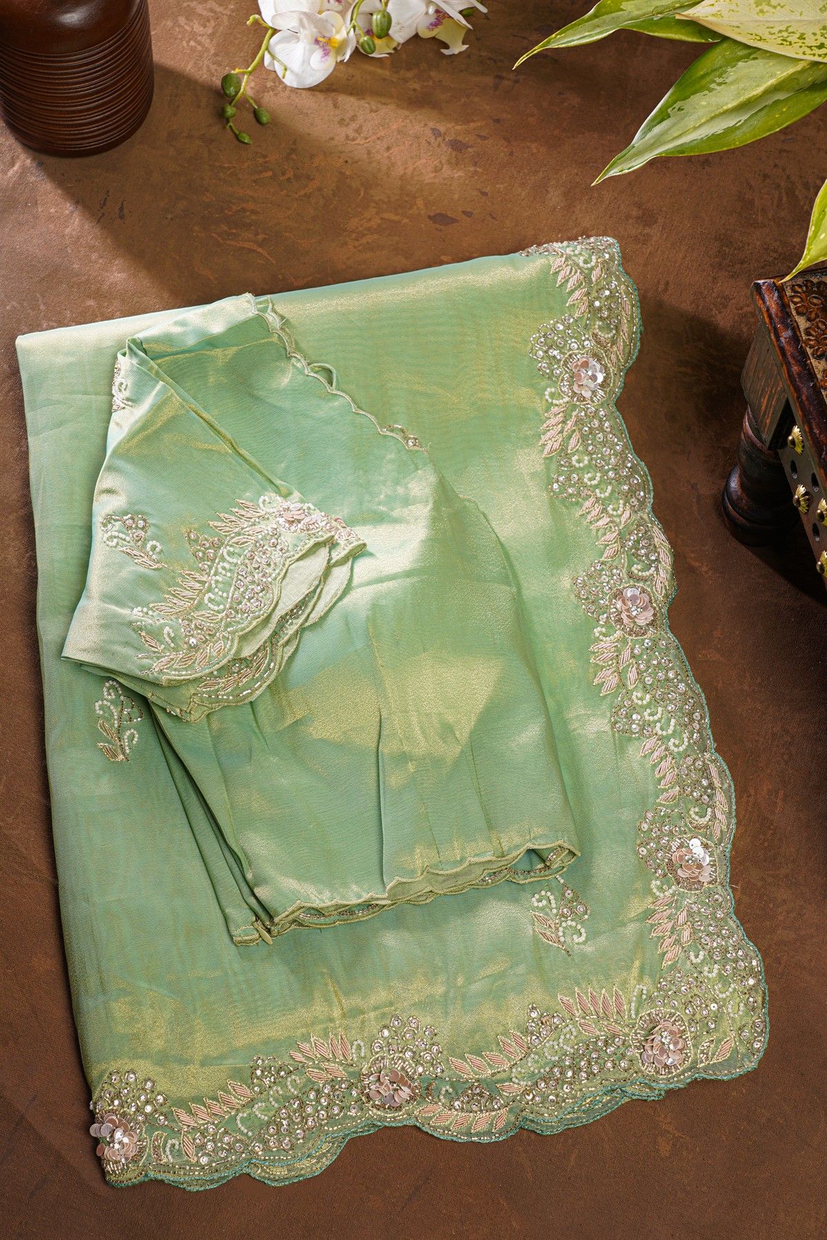 Fancy Tissue Sea Green Saree