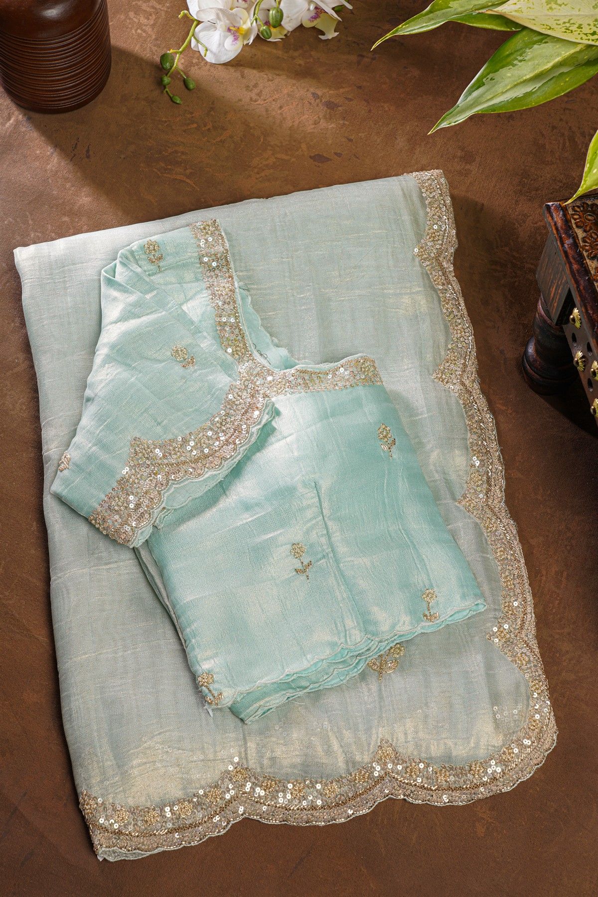 Fancy Tissue Ice Blue Saree