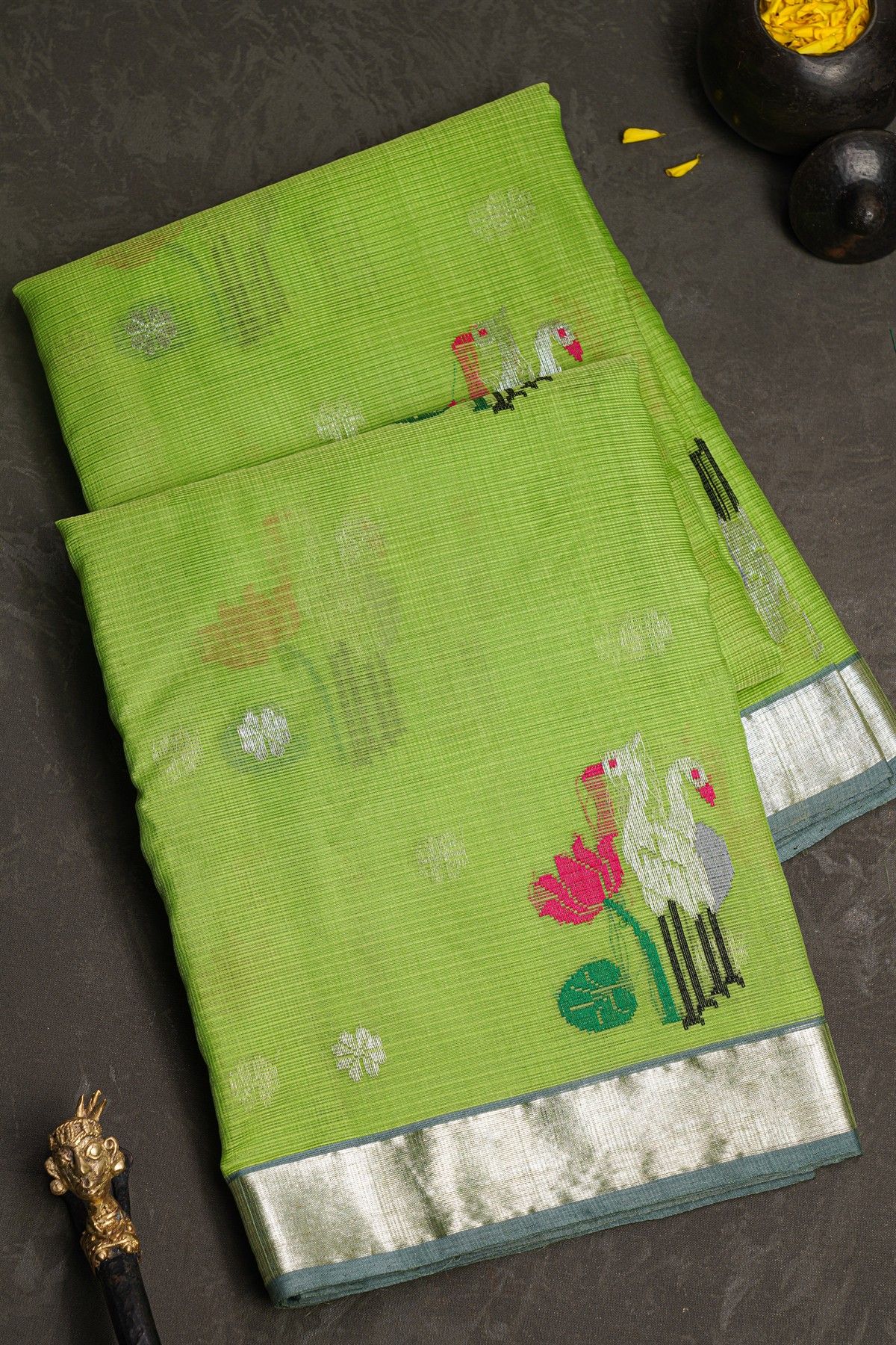 Zari Kota Parrot Green Saree
