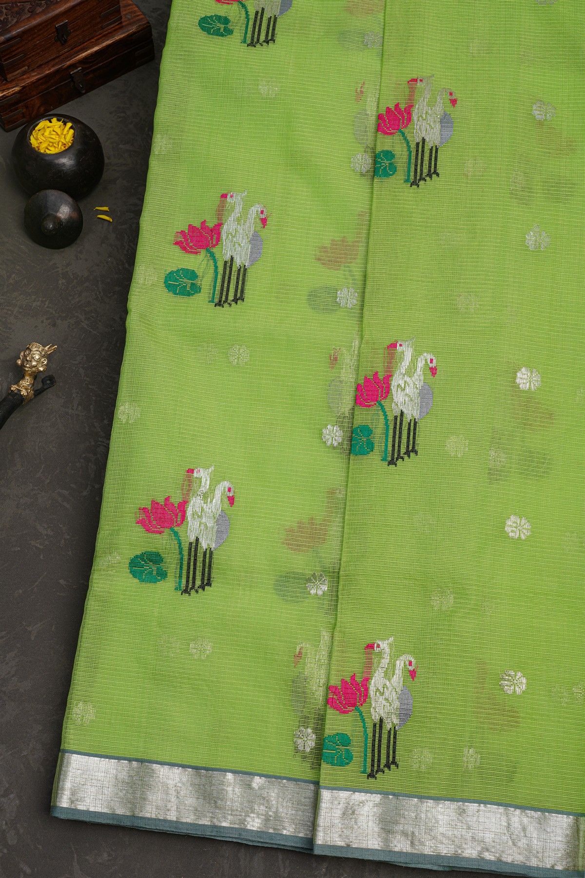 Zari Kota Parrot Green Saree