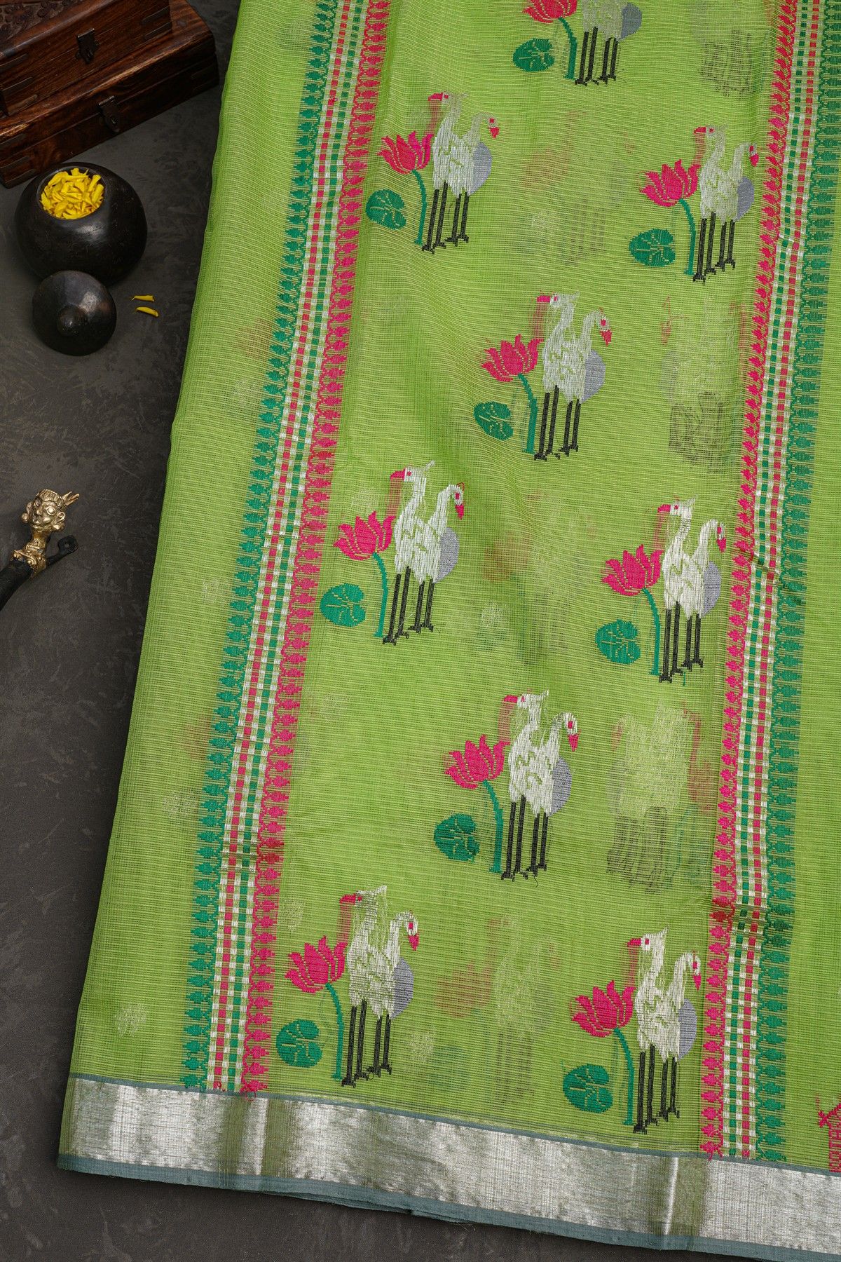 Zari Kota Parrot Green Saree