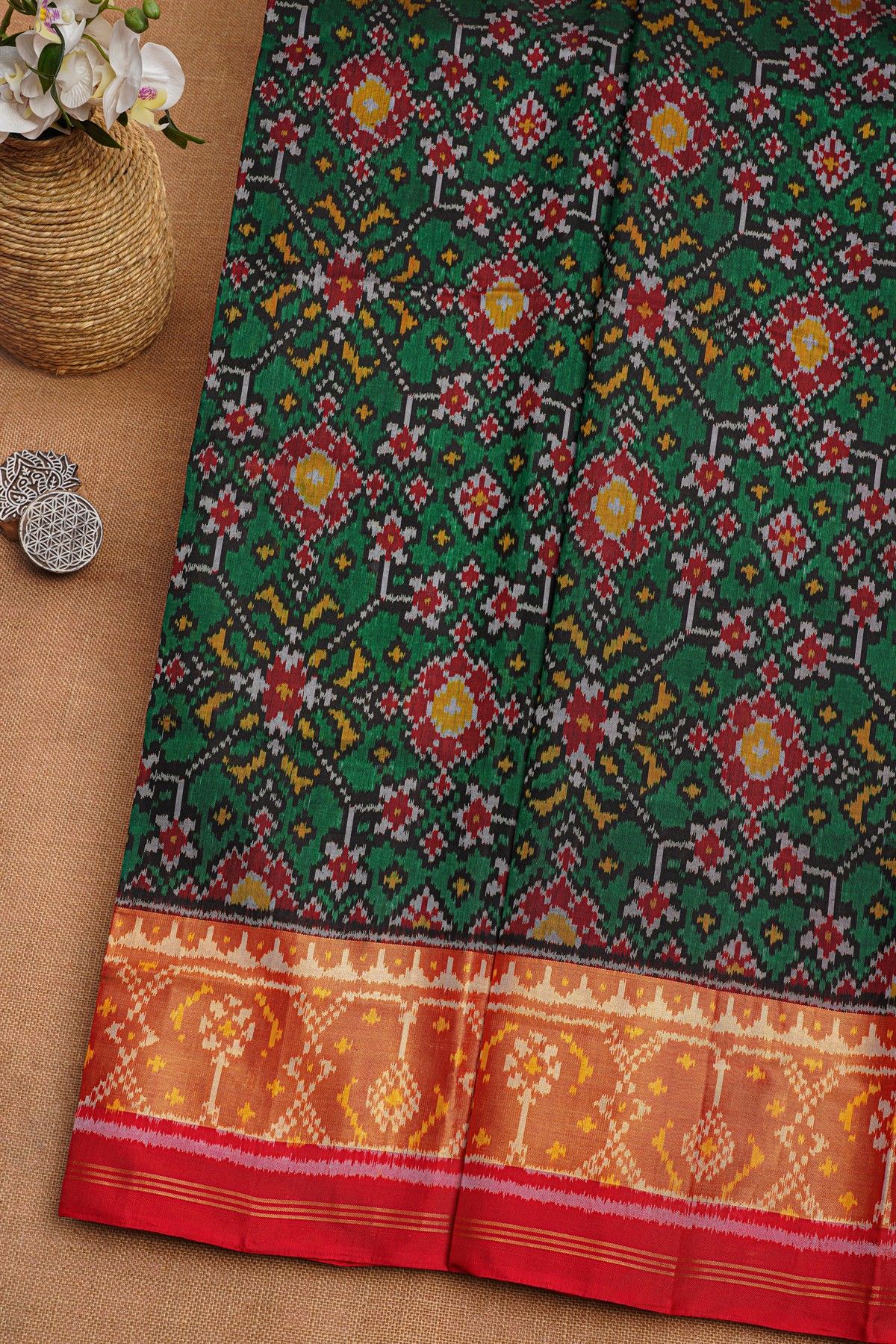 Patola Silk Bottle Green Saree