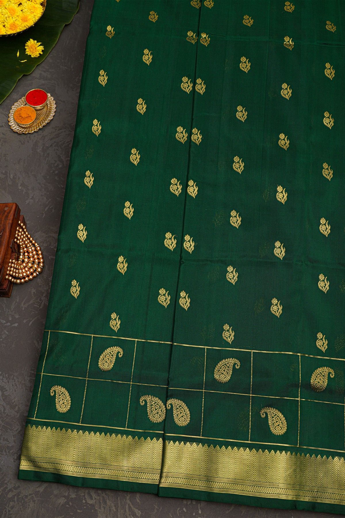 Venkatagiri Silk Bottle Green Saree