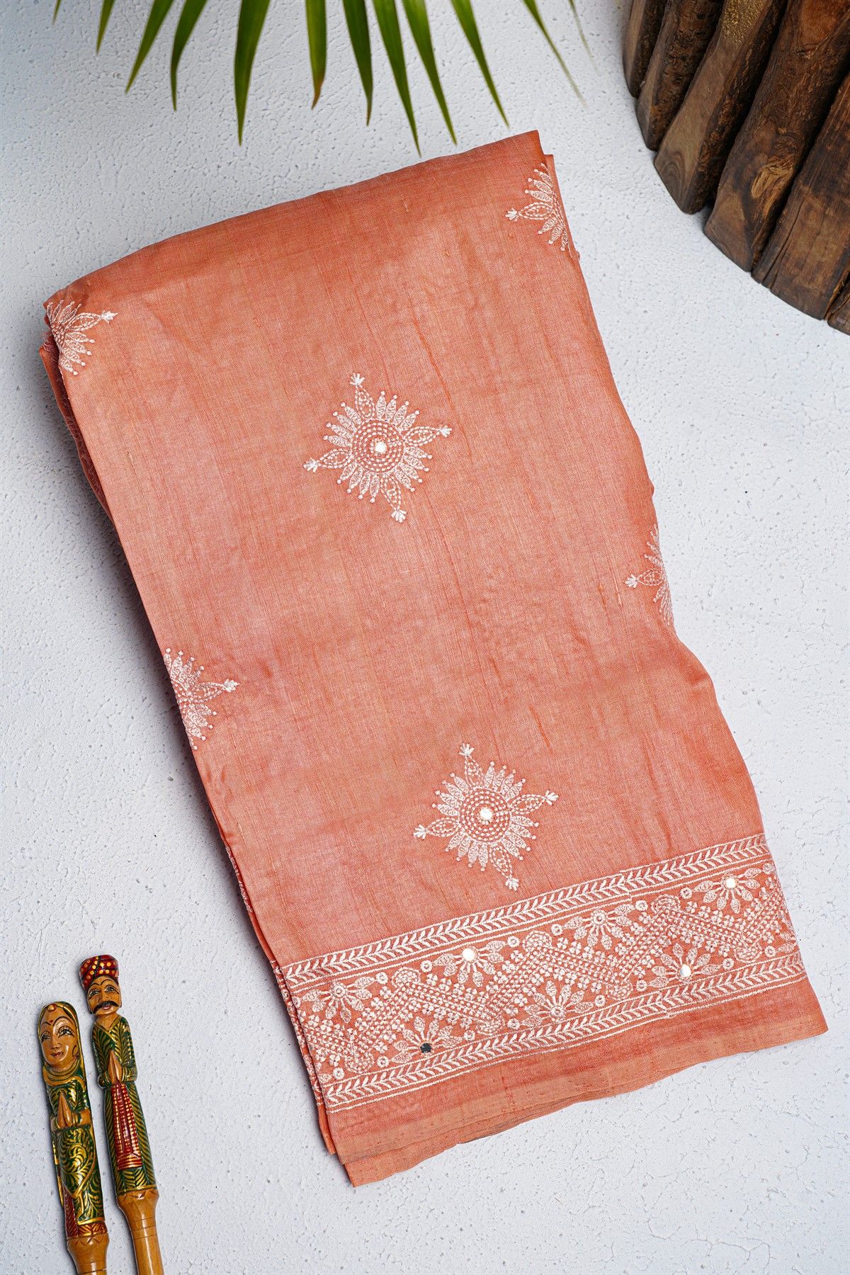 Designer Tussar Silk Peach Saree